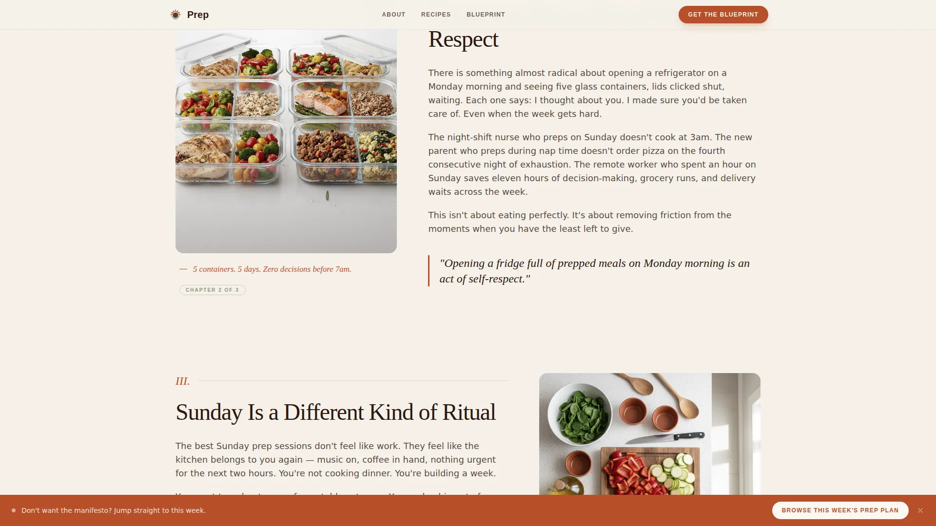 Meal Prep Blog Landing Page Template | Editorial Grid