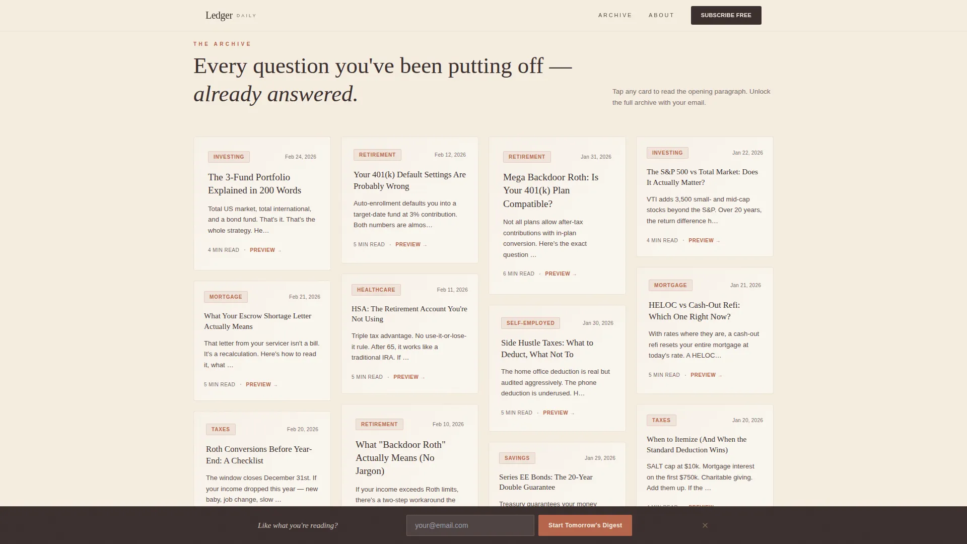 Artisan Personal Finance Newsletter Landing Page