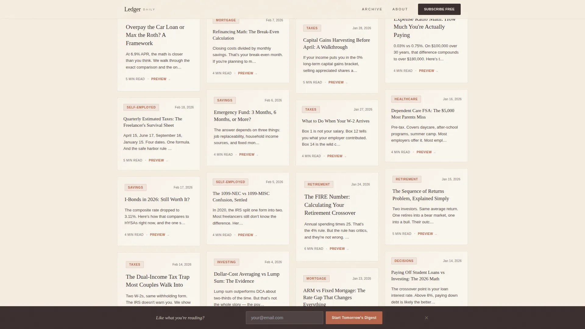 Artisan Personal Finance Newsletter Landing Page