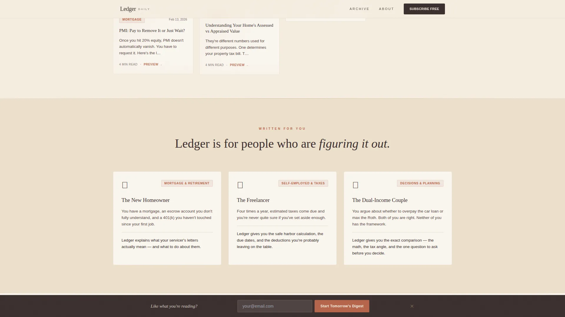 Artisan Personal Finance Newsletter Landing Page