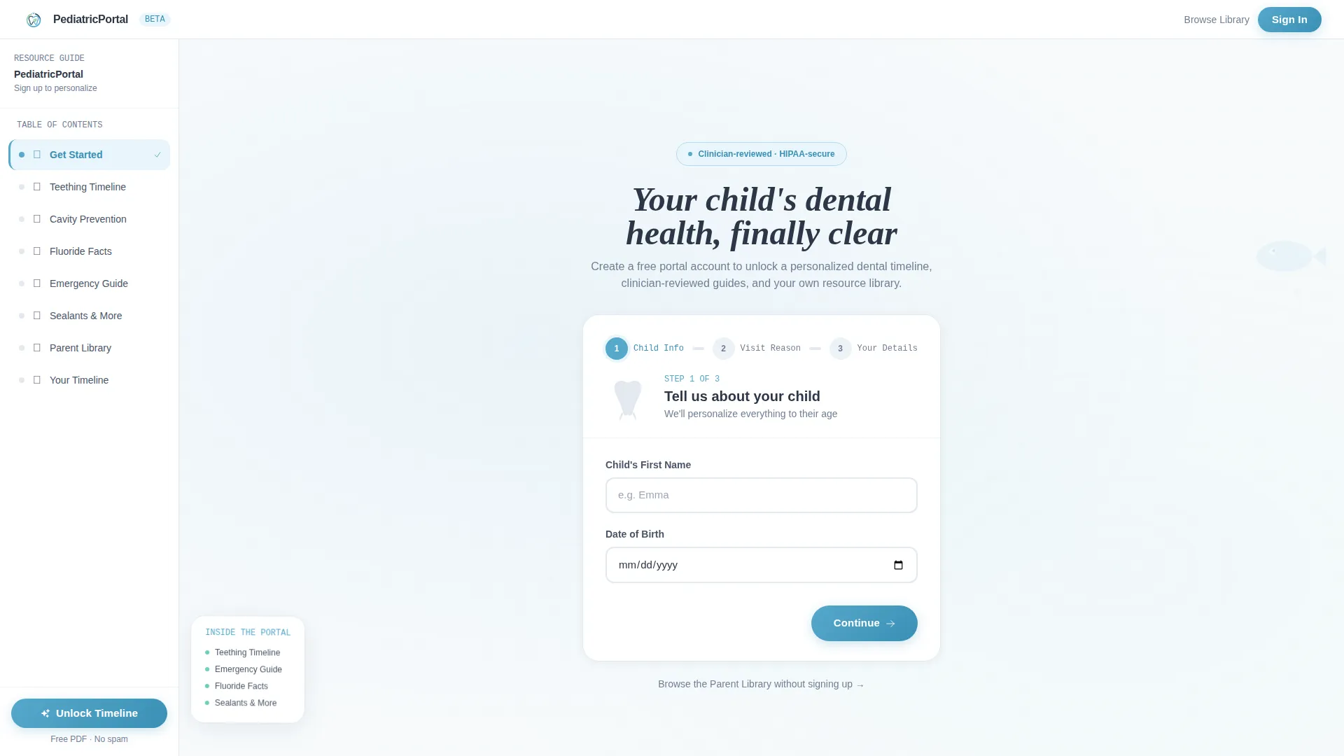 Pediatric Dentist Patient Portal Landing Page