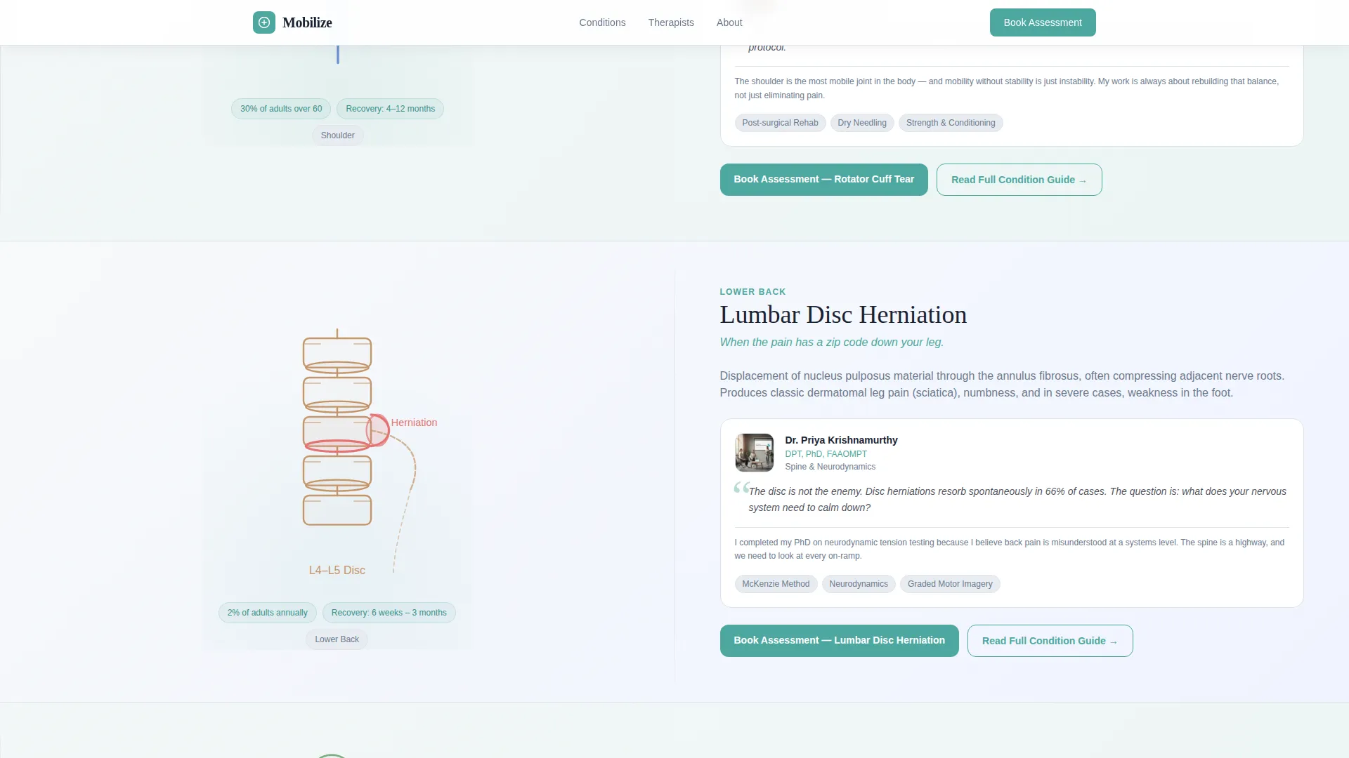 Physical Therapy Condition & Booking Landing Page