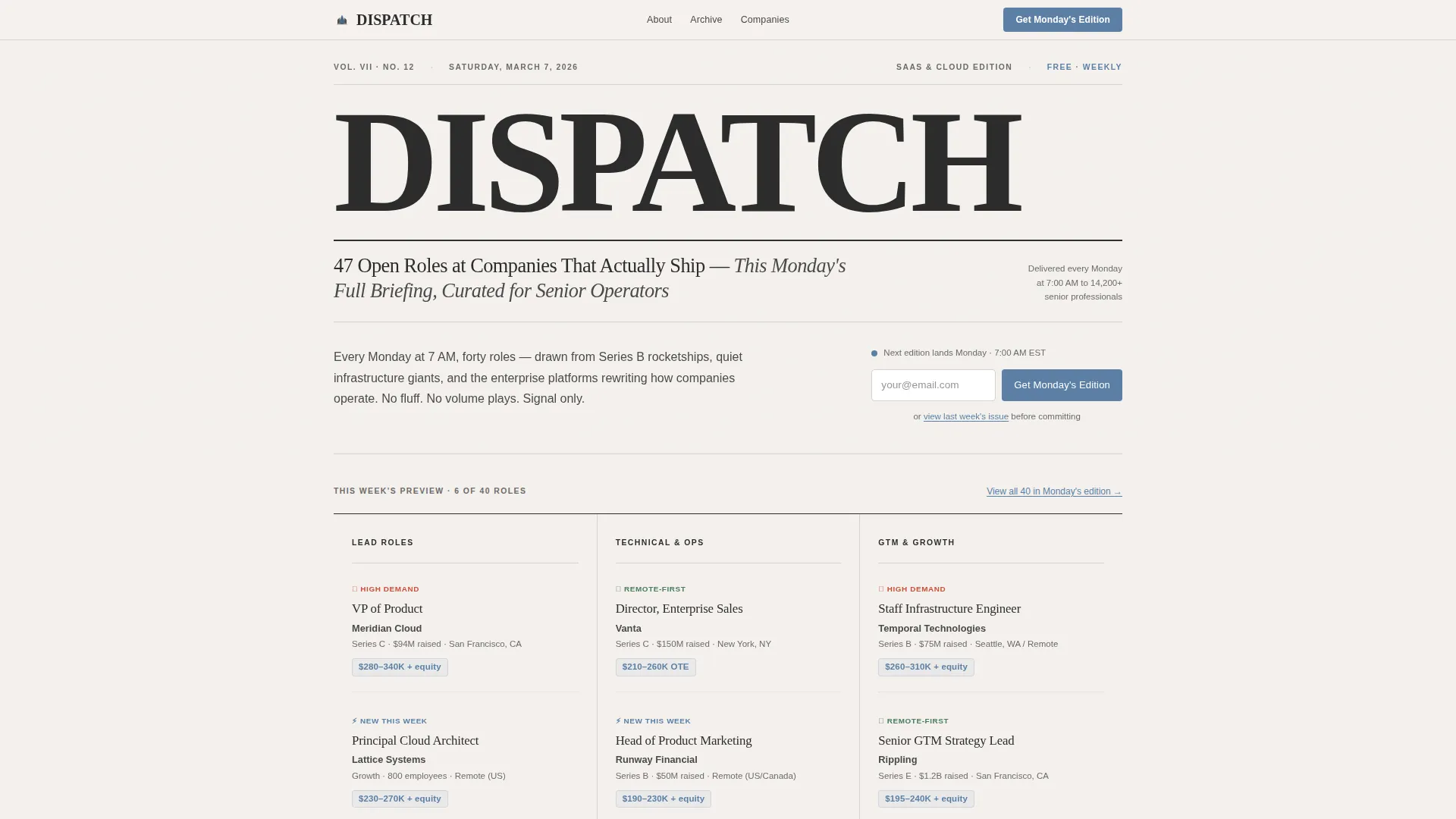 Editorial SaaS & Cloud Jobs Newsletter Landing Page