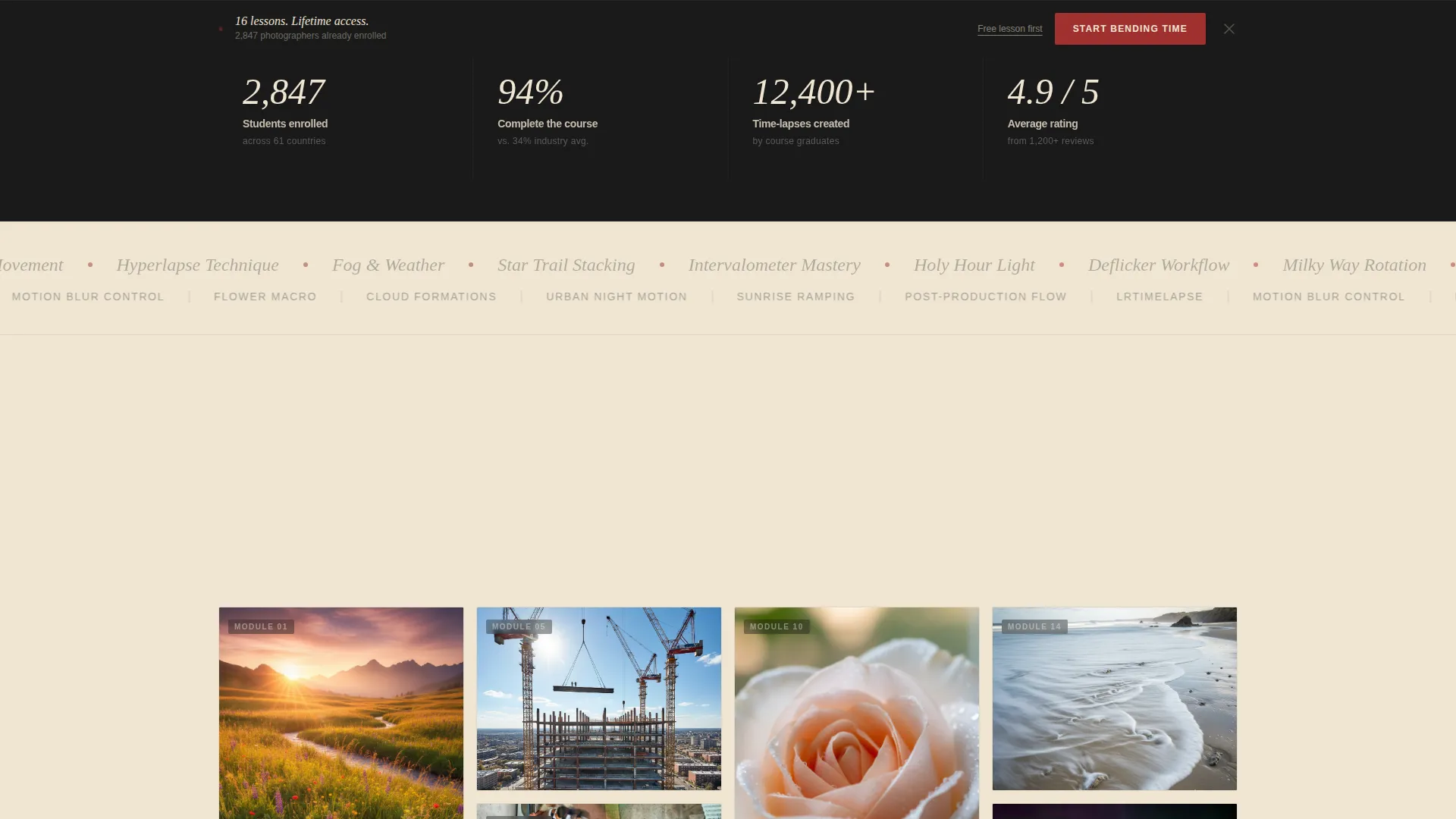 Cinematic Time-Lapse Photography Course Landing Page