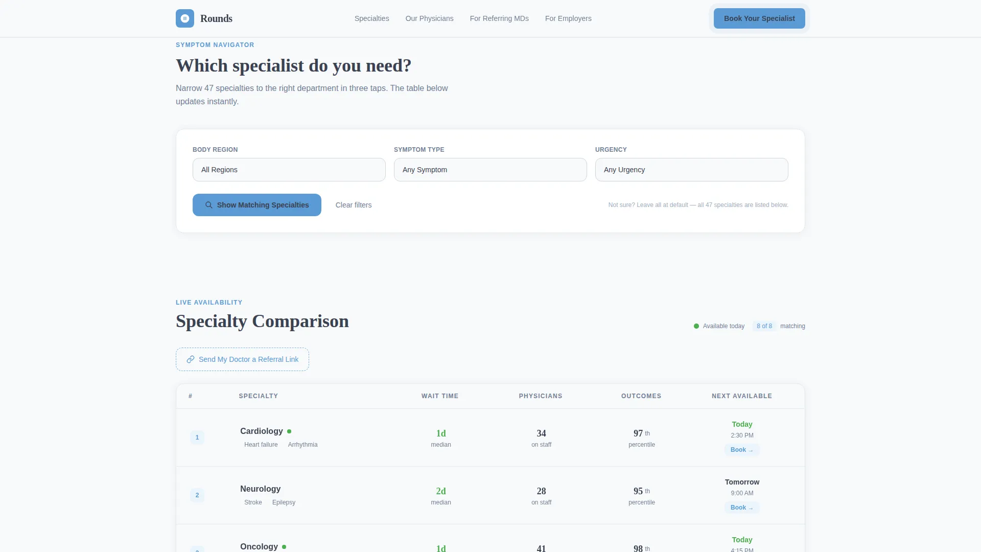 Teaching Hospital Specialist Booking Landing Page