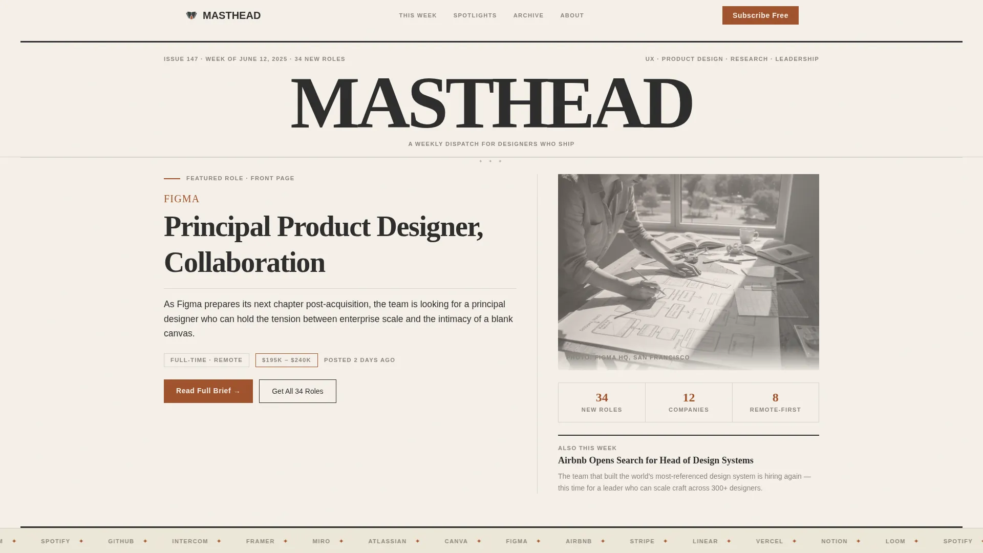 Editorial user experience Design Jobs Newsletter Landing Page