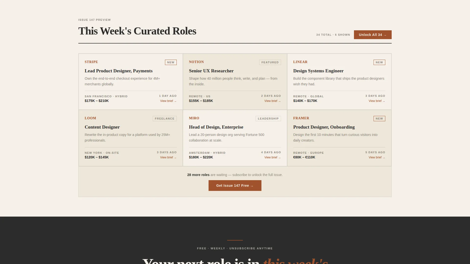 Editorial user experience Design Jobs Newsletter Landing Page