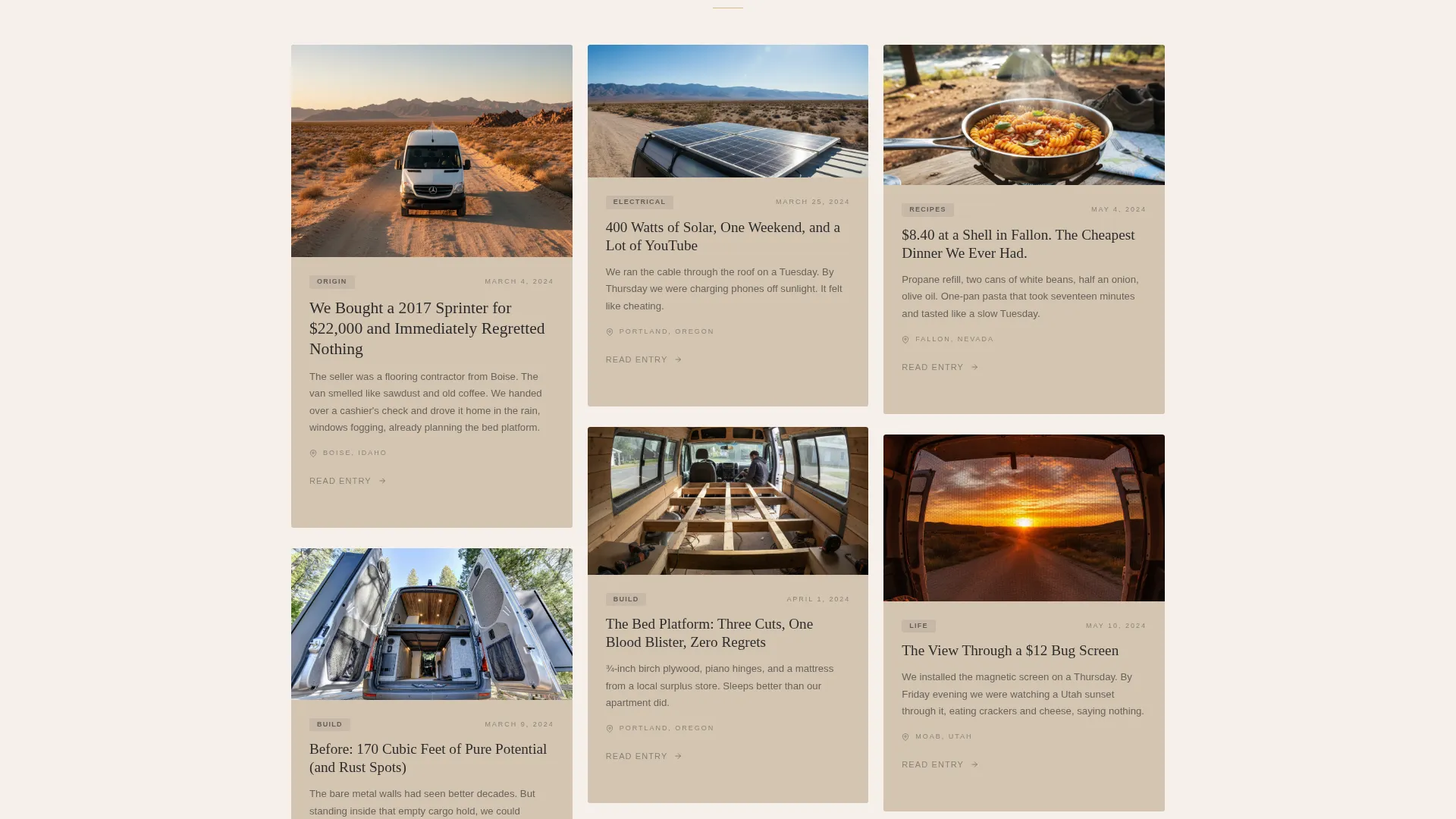 Van Life Blog Masonry Landing Page Template