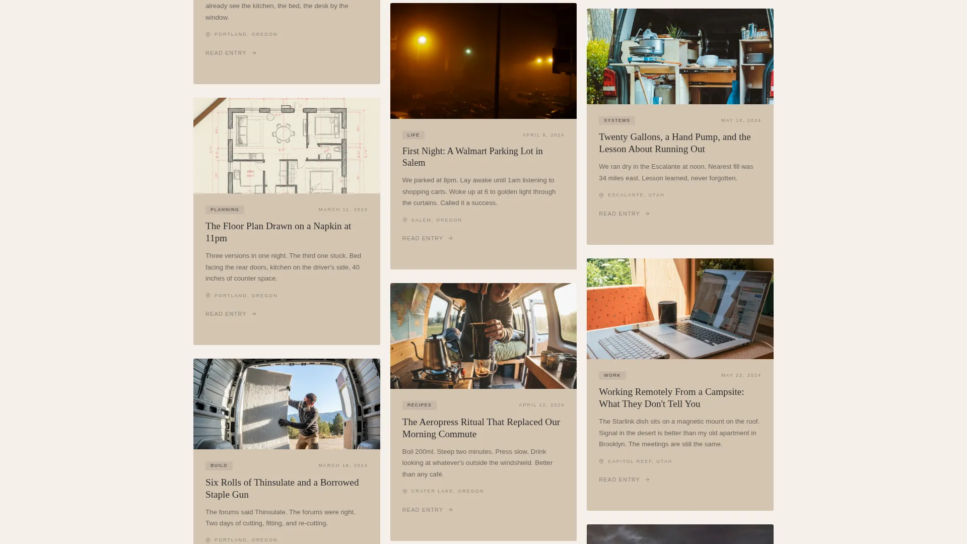Van Life Blog Masonry Landing Page Template