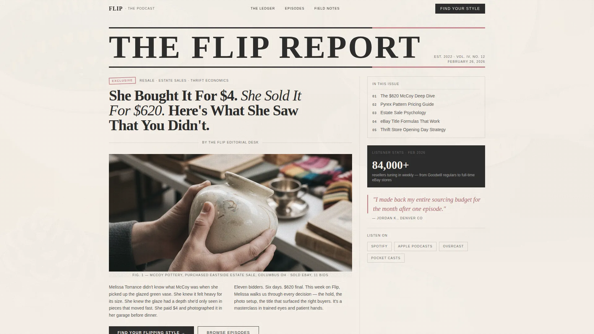 Editorial Vintage Flipping Podcast Landing Page Template