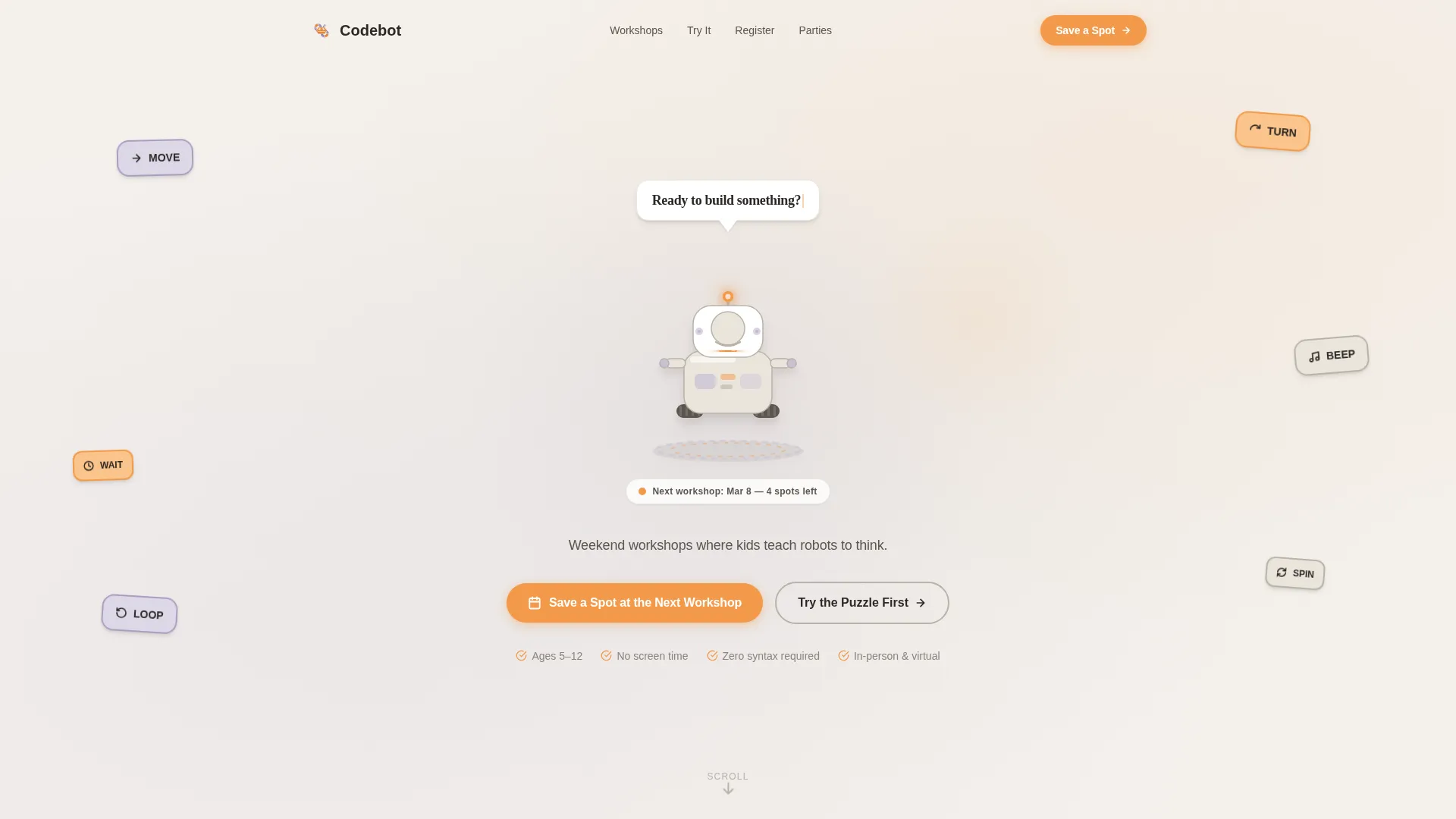 Playful STEM Landing Page for Kids' Coding Workshops