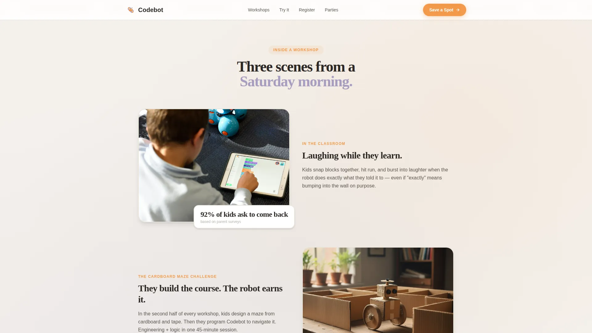 Playful STEM Landing Page for Kids' Coding Workshops
