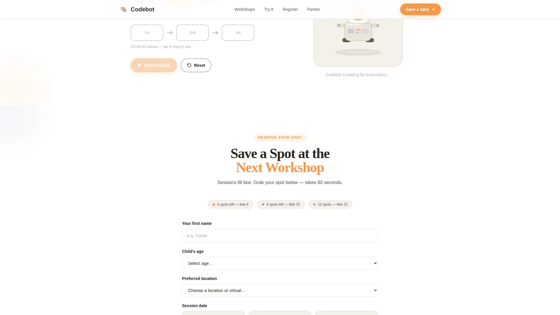 Playful STEM Landing Page for Kids' Coding Workshops