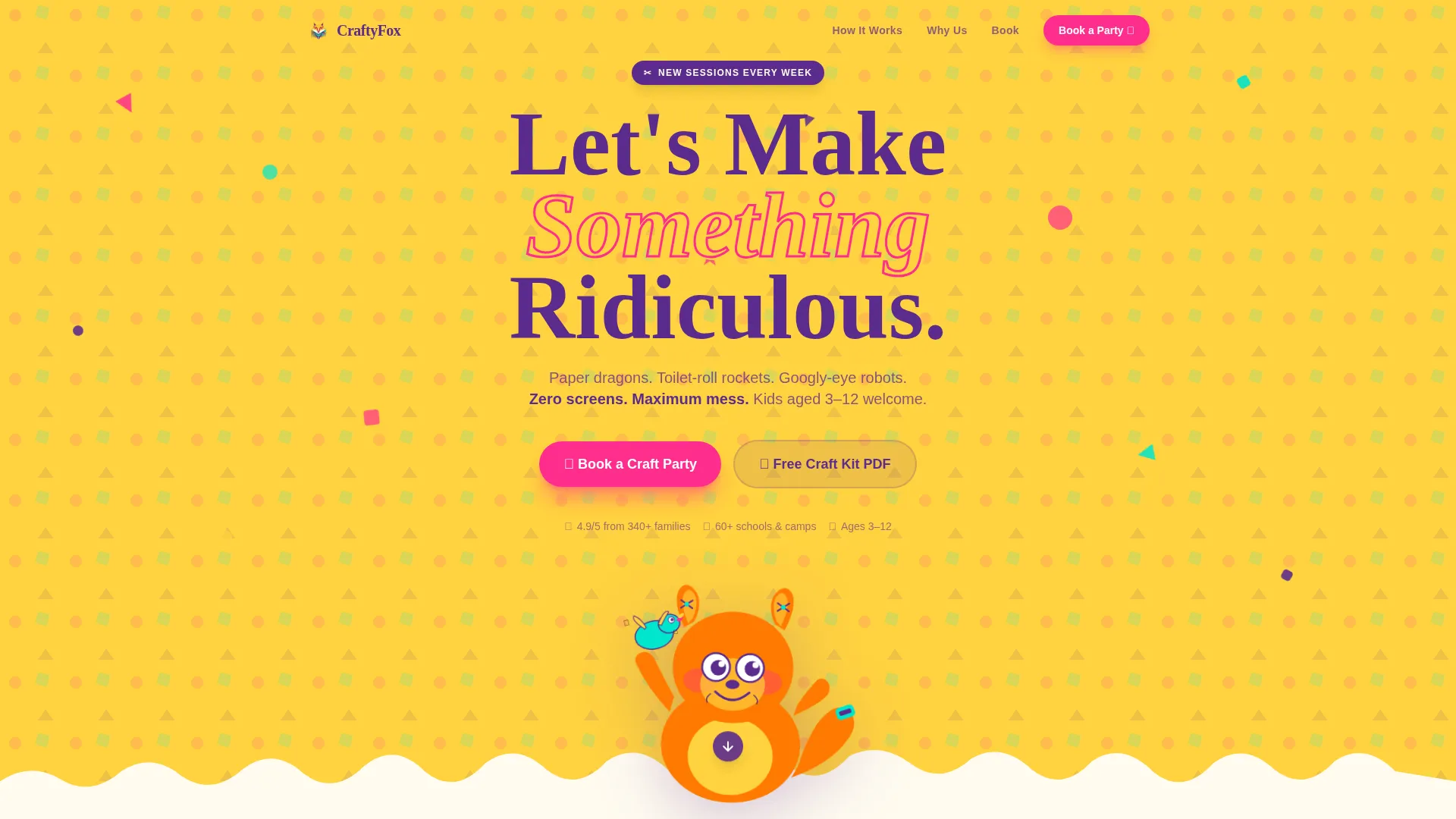 Kids Crafting Landing Page Template for Party Bookings