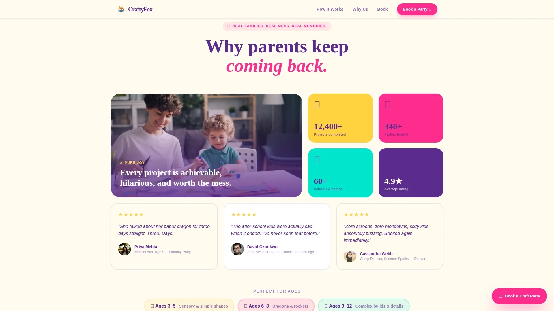 Kids Crafting Landing Page Template for Party Bookings