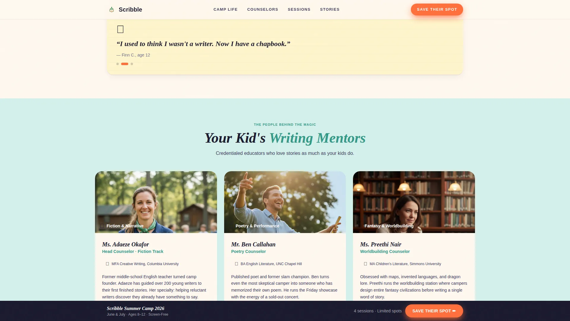 Kids Creative Writing Summer Camp Landing Page