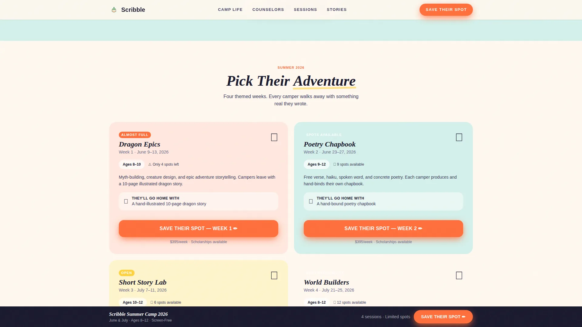 Kids Creative Writing Summer Camp Landing Page