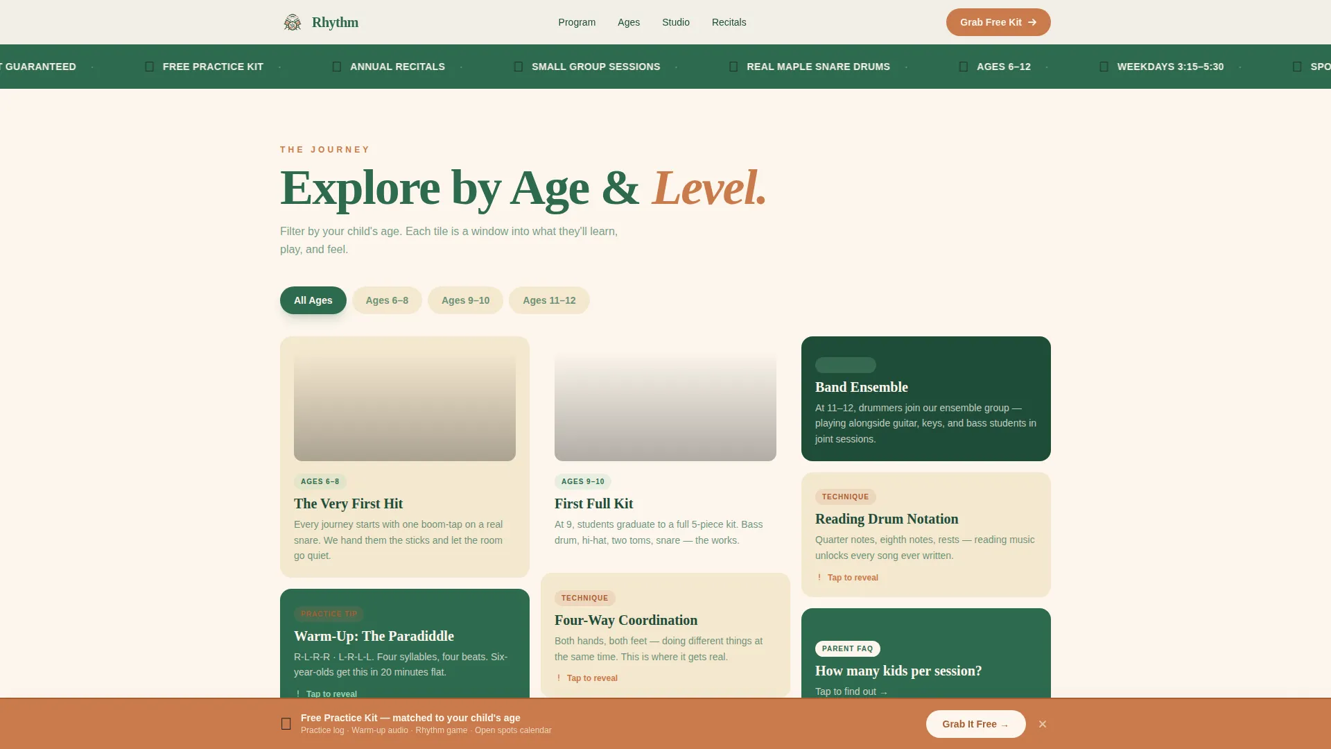Kids Drums After-School Program Landing Page