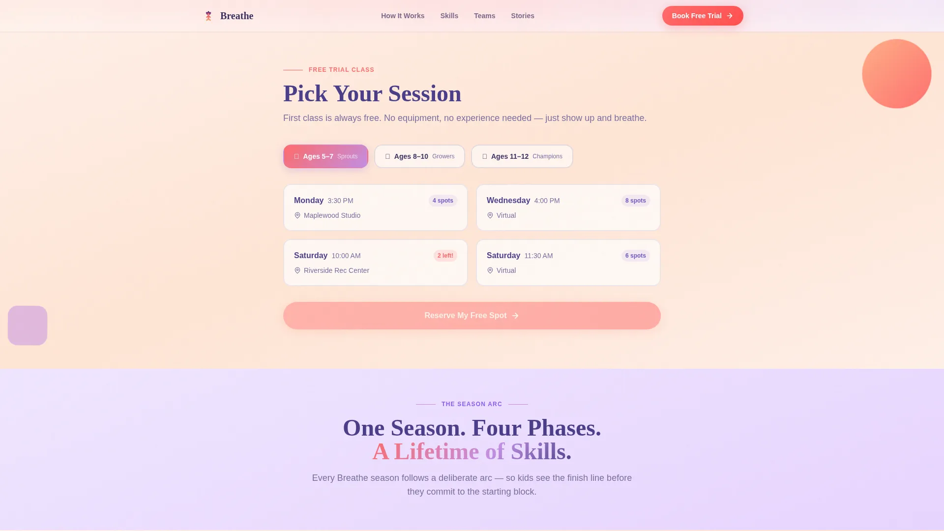 Kids Mindfulness League Booking Landing Page