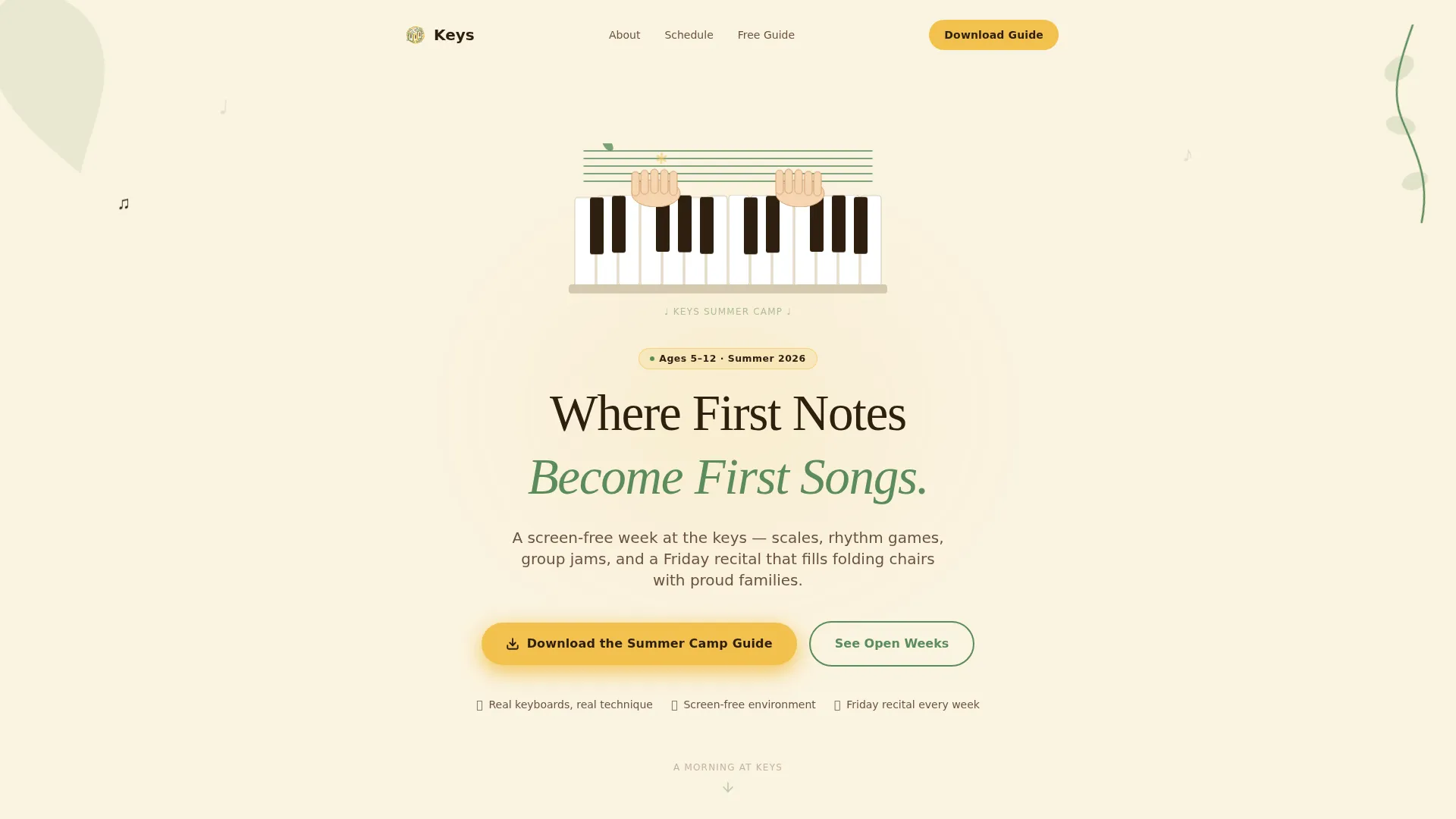 Kids Piano Summer Camp Landing Page Template