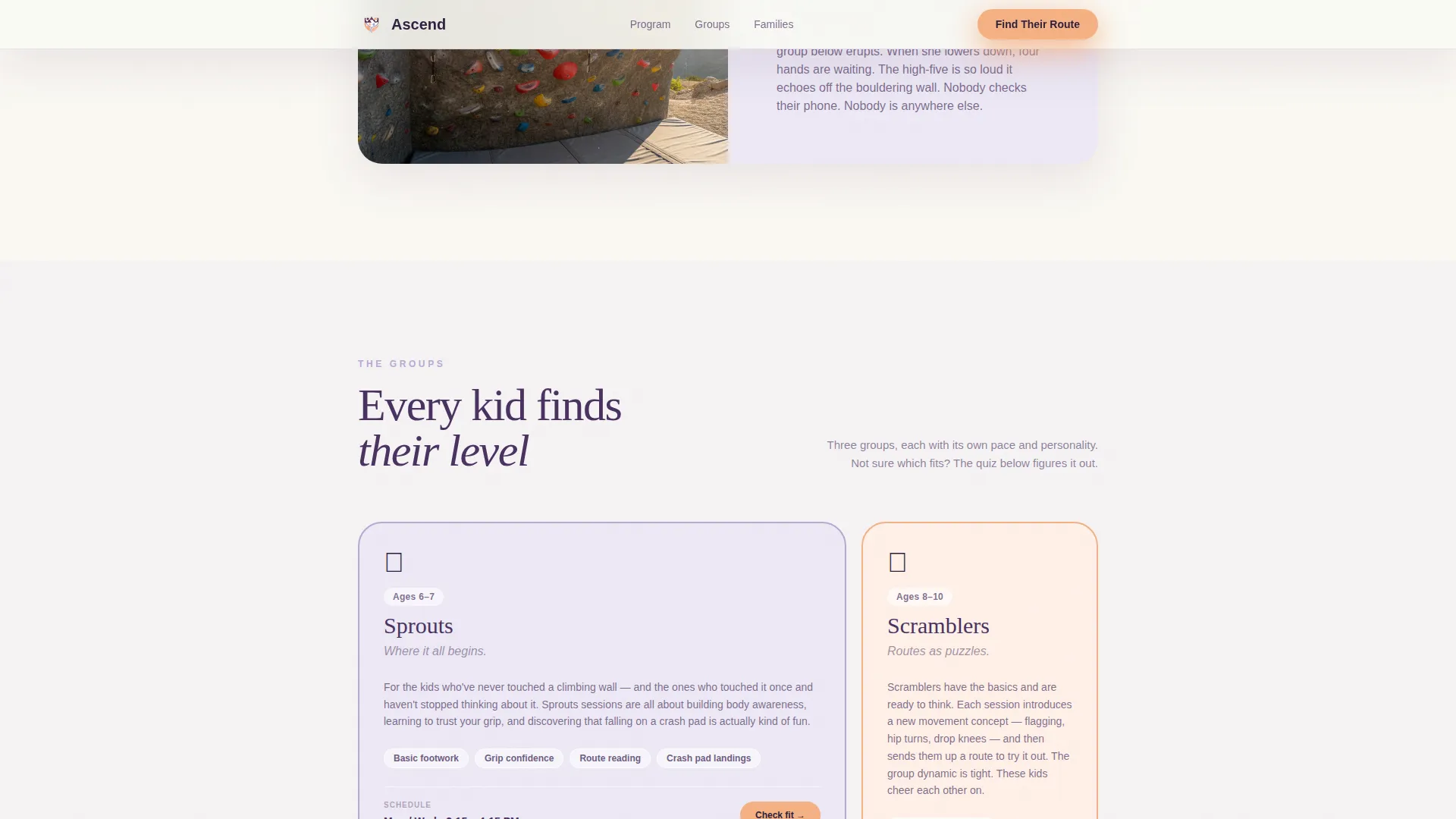 Kids Rock Climbing After-School Landing Page