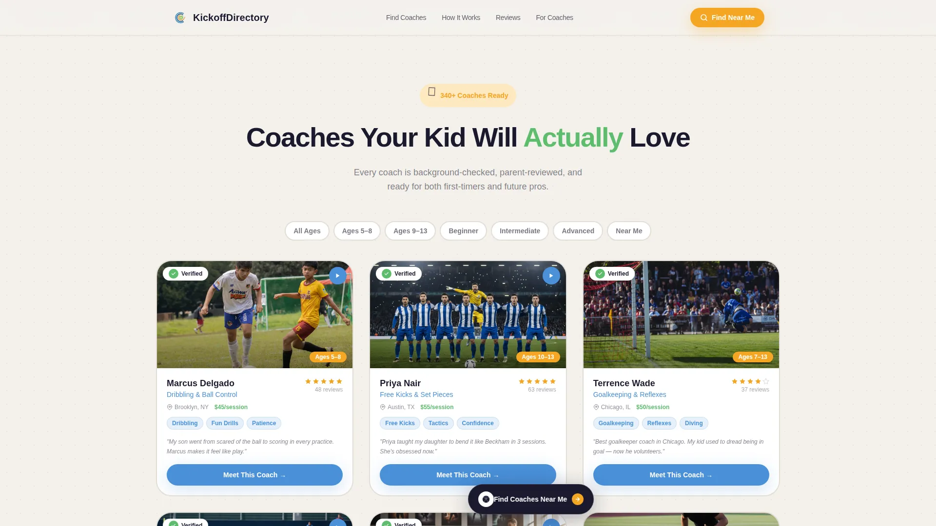 Playful Kids Soccer Coach Directory Landing Page