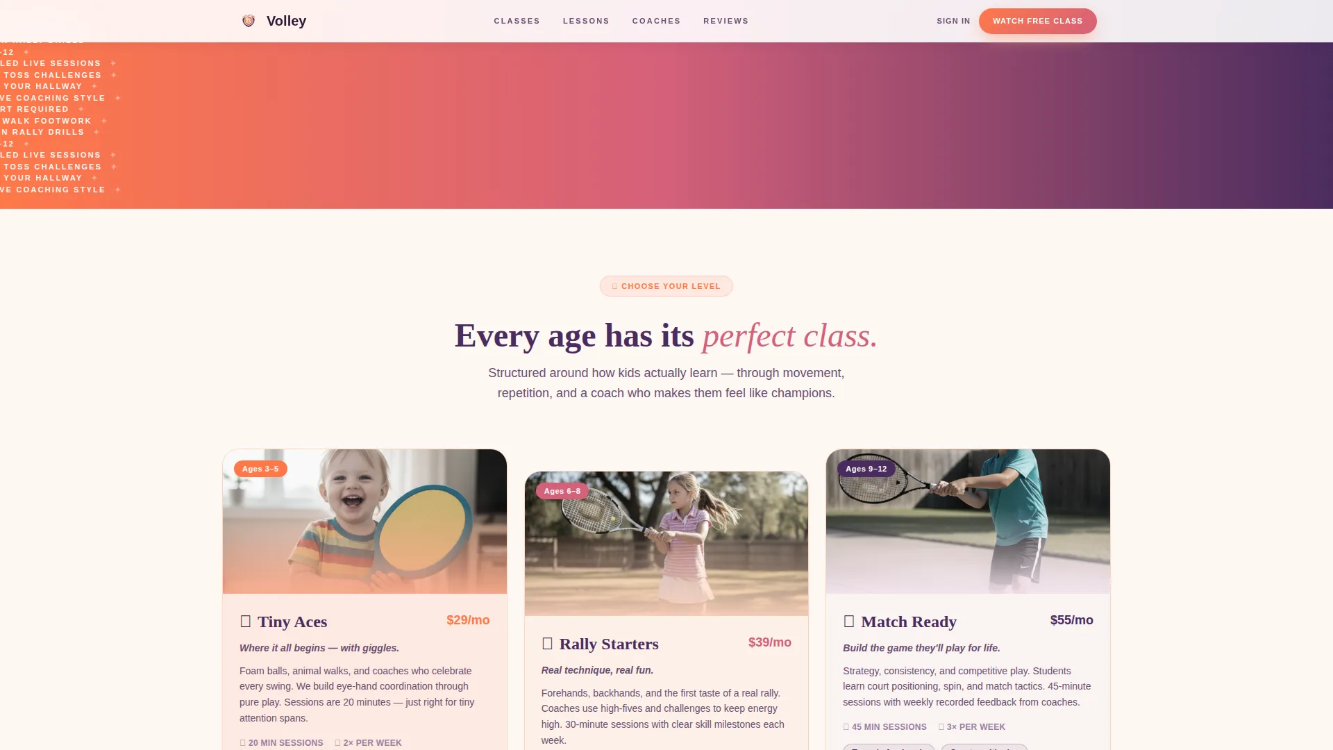 Kids Tennis Online Class Landing Page Template