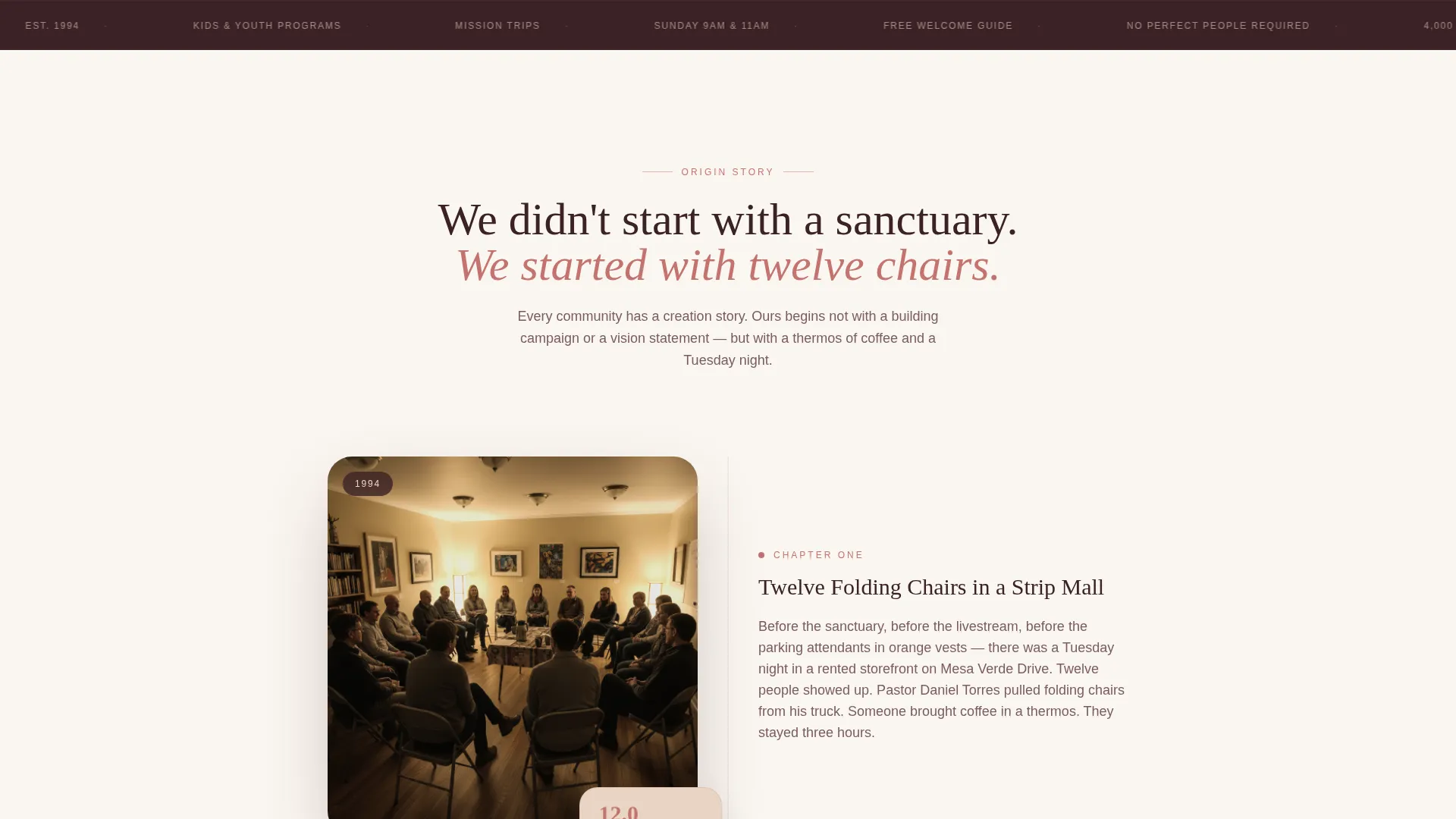 Megachurch Landing Page Template with Origin Story Flow