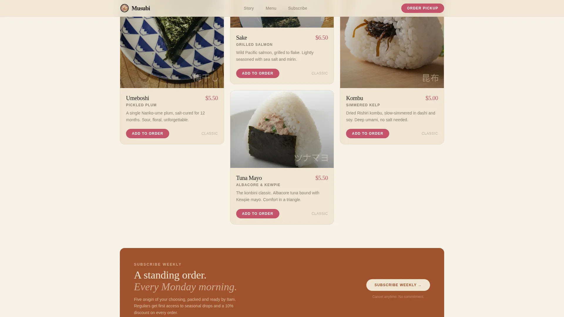 Onigiri Shop Landing Page Template - Luxe Minimal