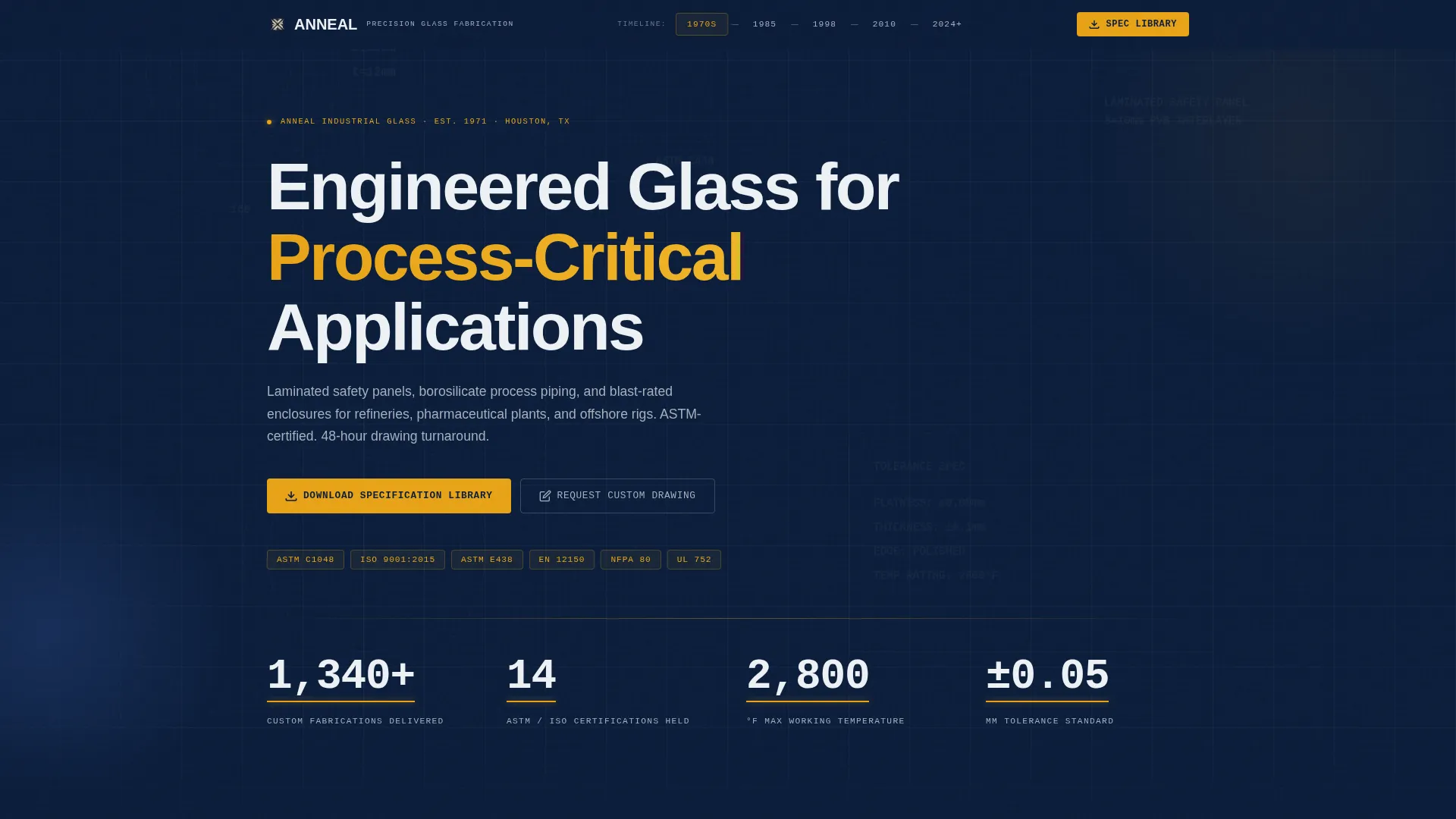 Precision Industrial Glass Studio Landing Page