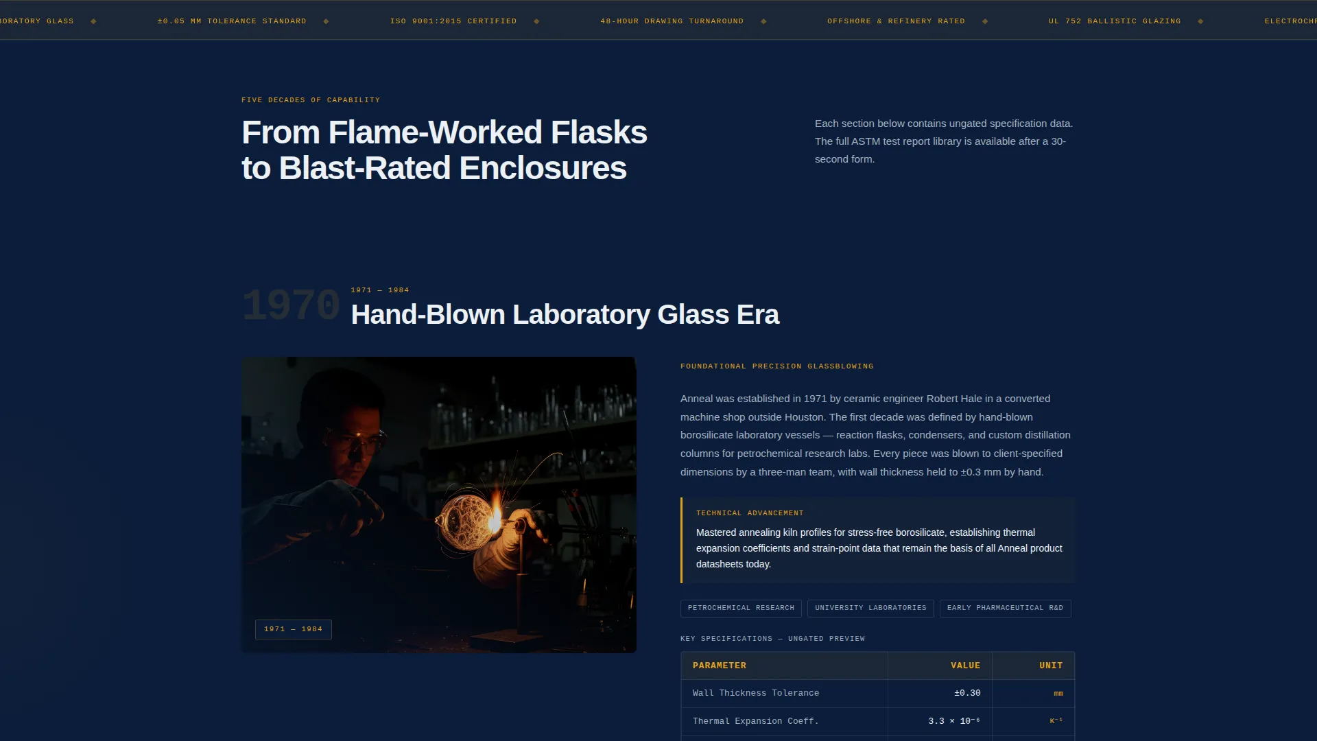 Precision Industrial Glass Studio Landing Page