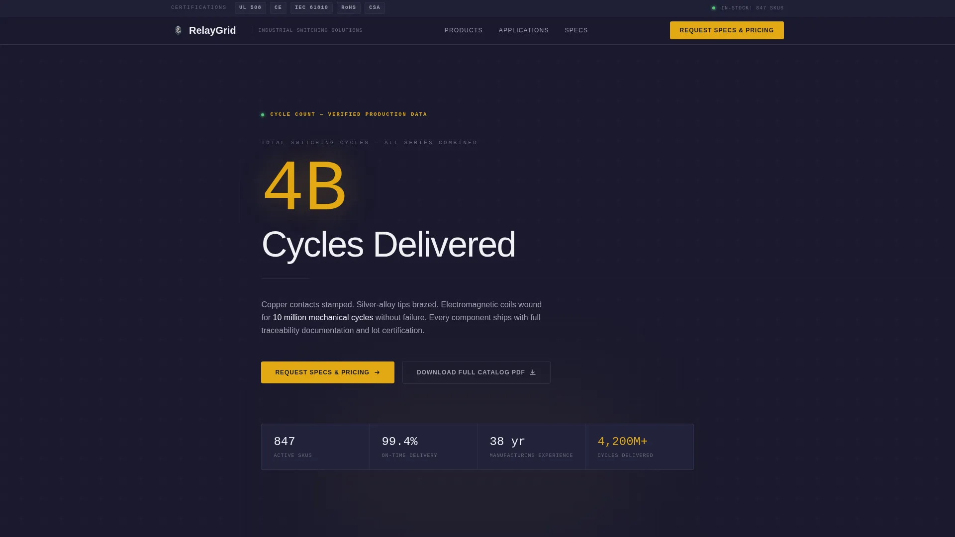 Relay Manufacturer Landing Page Template | Card Grid