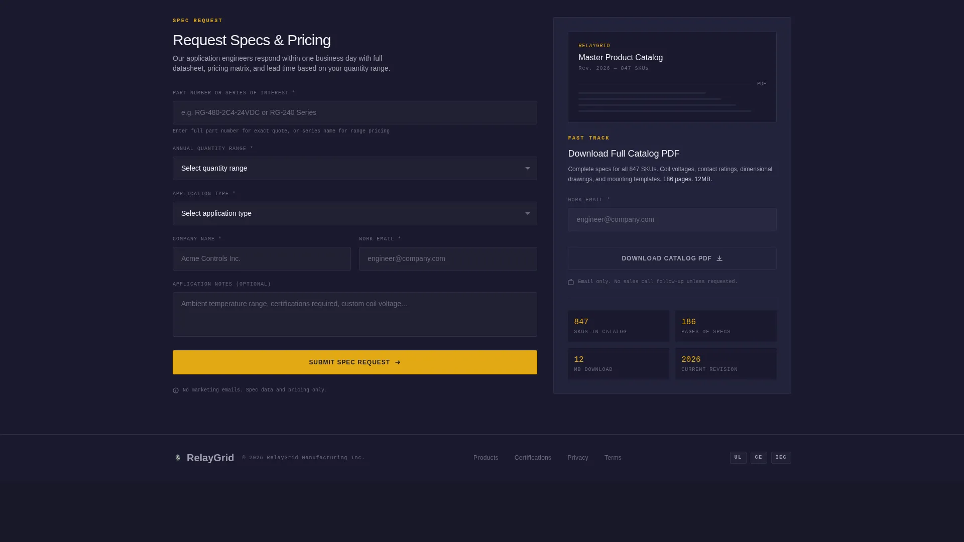 Relay Manufacturer Landing Page Template | Card Grid