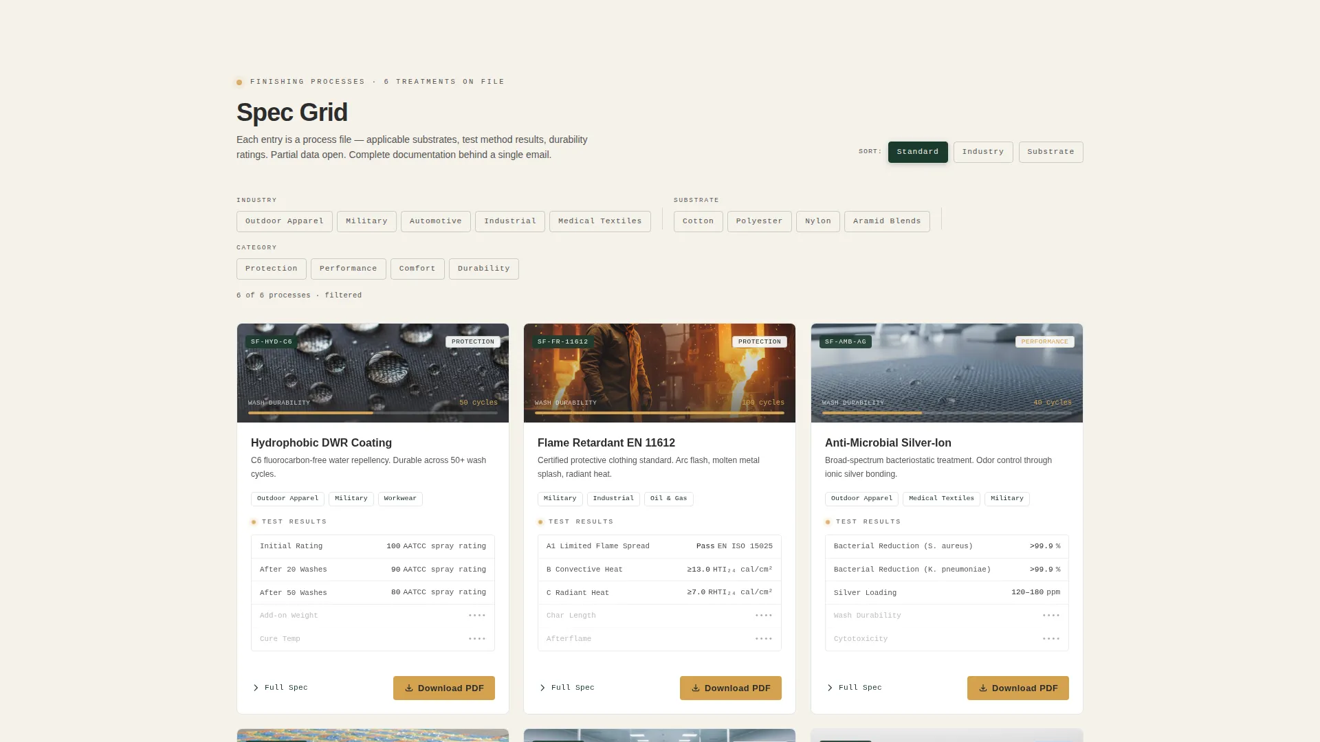 Textile Finishing Spec Card Grid Landing Page