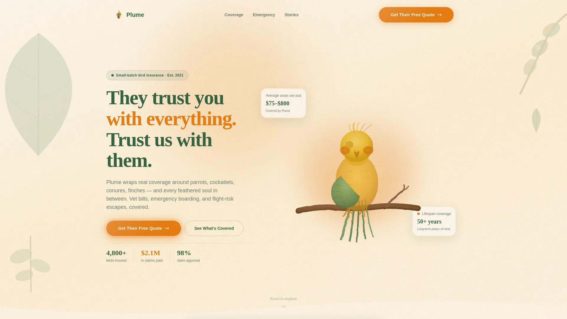 Bird Insurance Landing Page Template for Avian Providers