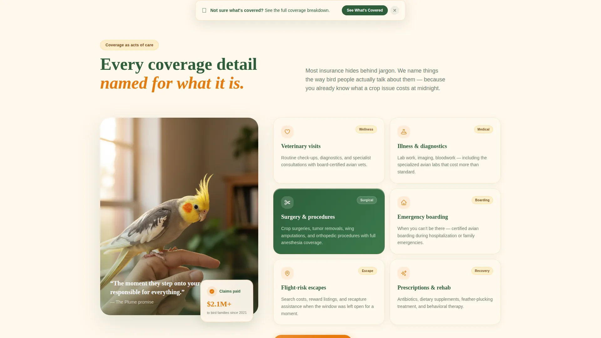 Bird Insurance Landing Page Template for Avian Providers