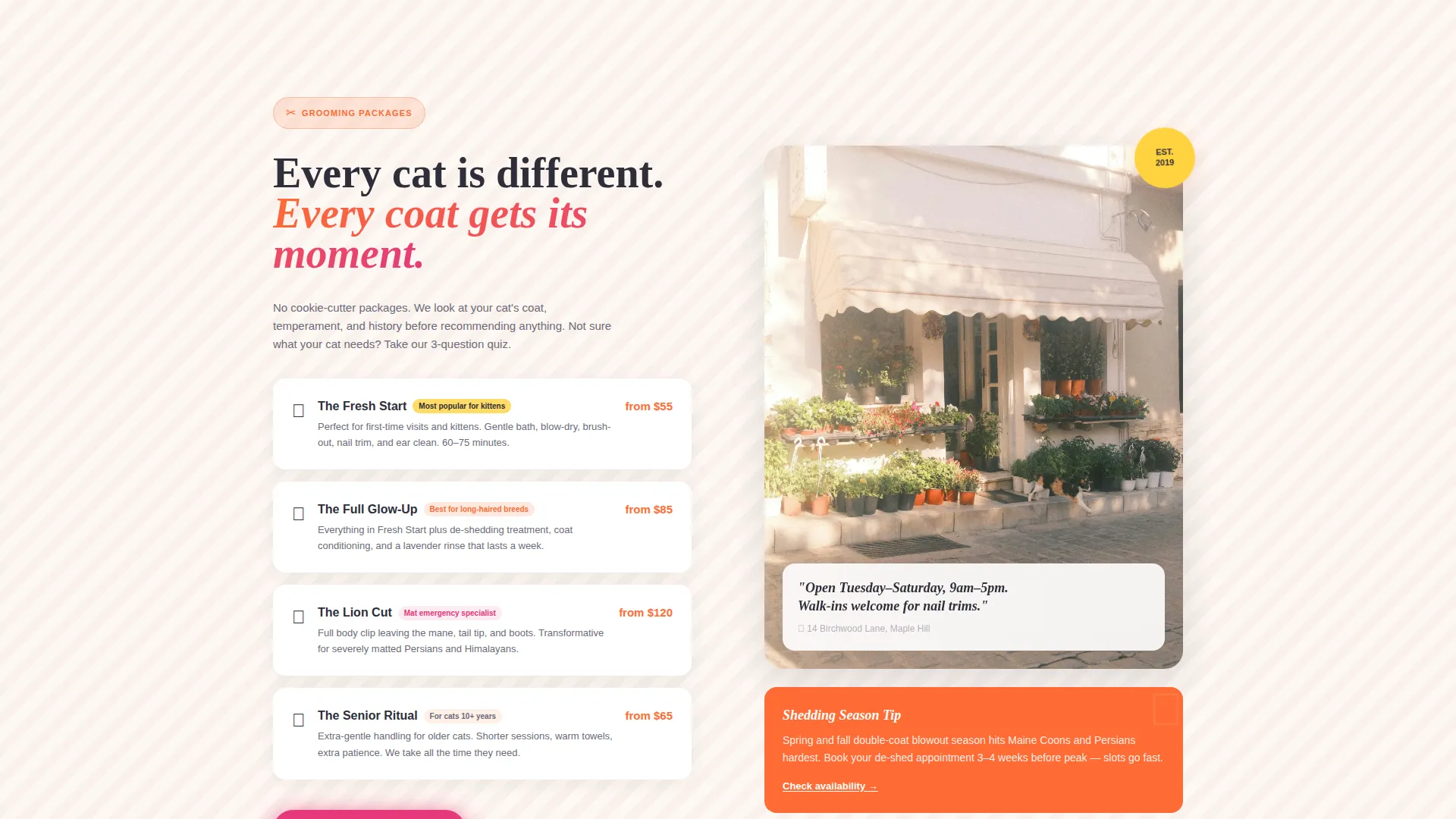 Cozy Cat Grooming Landing Page Template