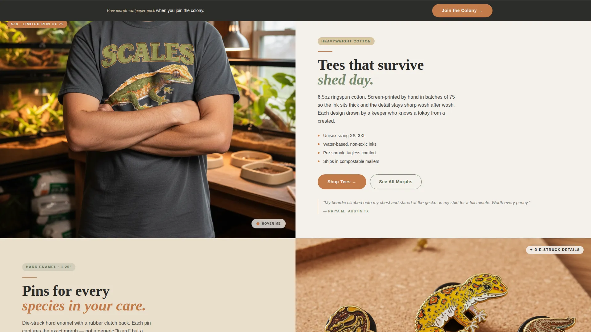 Artisan Reptile Clothing & Accessories Landing Page
