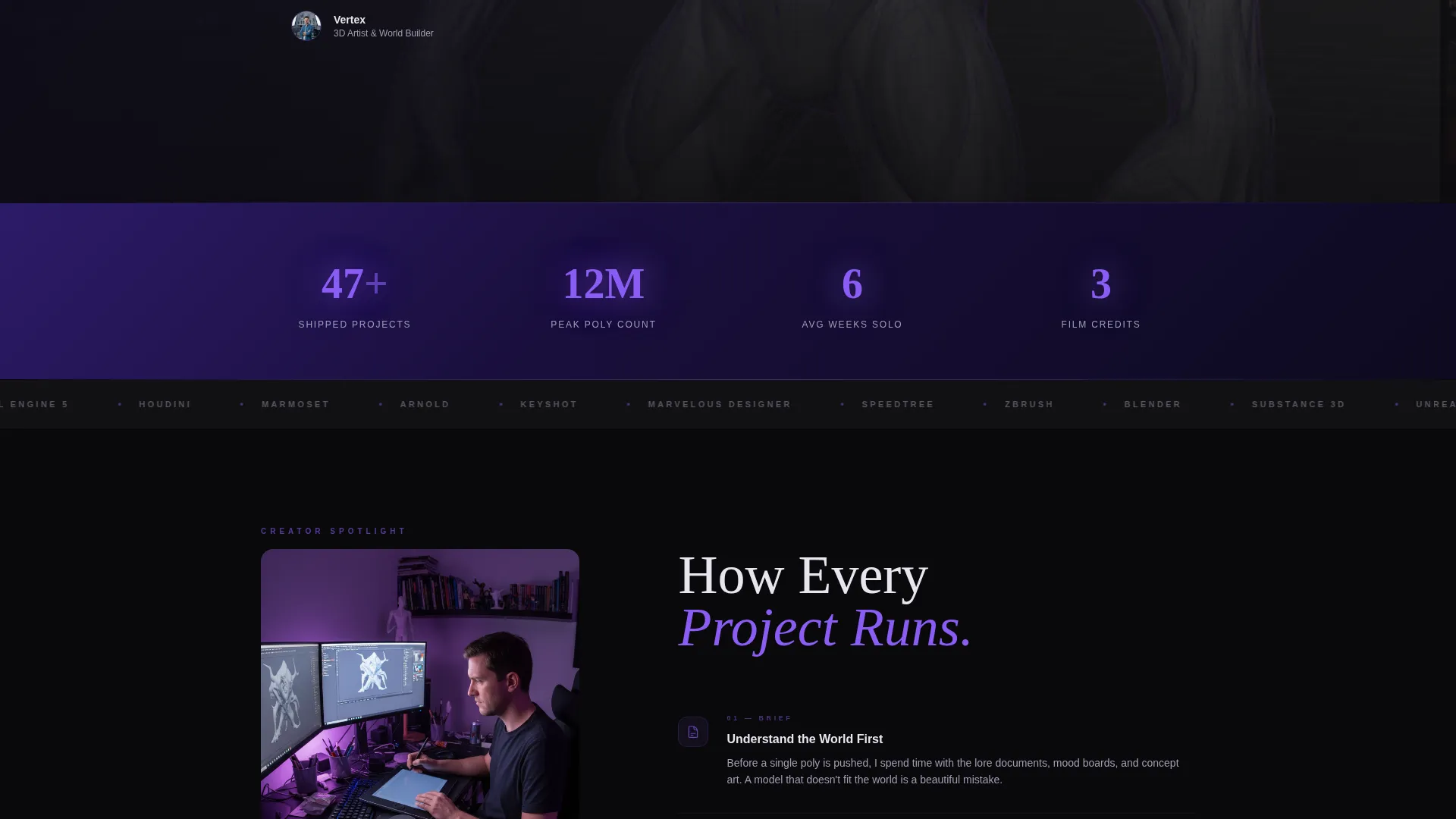 Dark Immersive 3D Artist Portfolio Landing Page