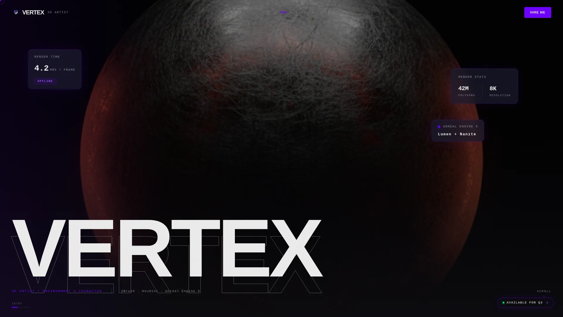 Horizontal Scroll 3D Artist Portfolio Landing Page