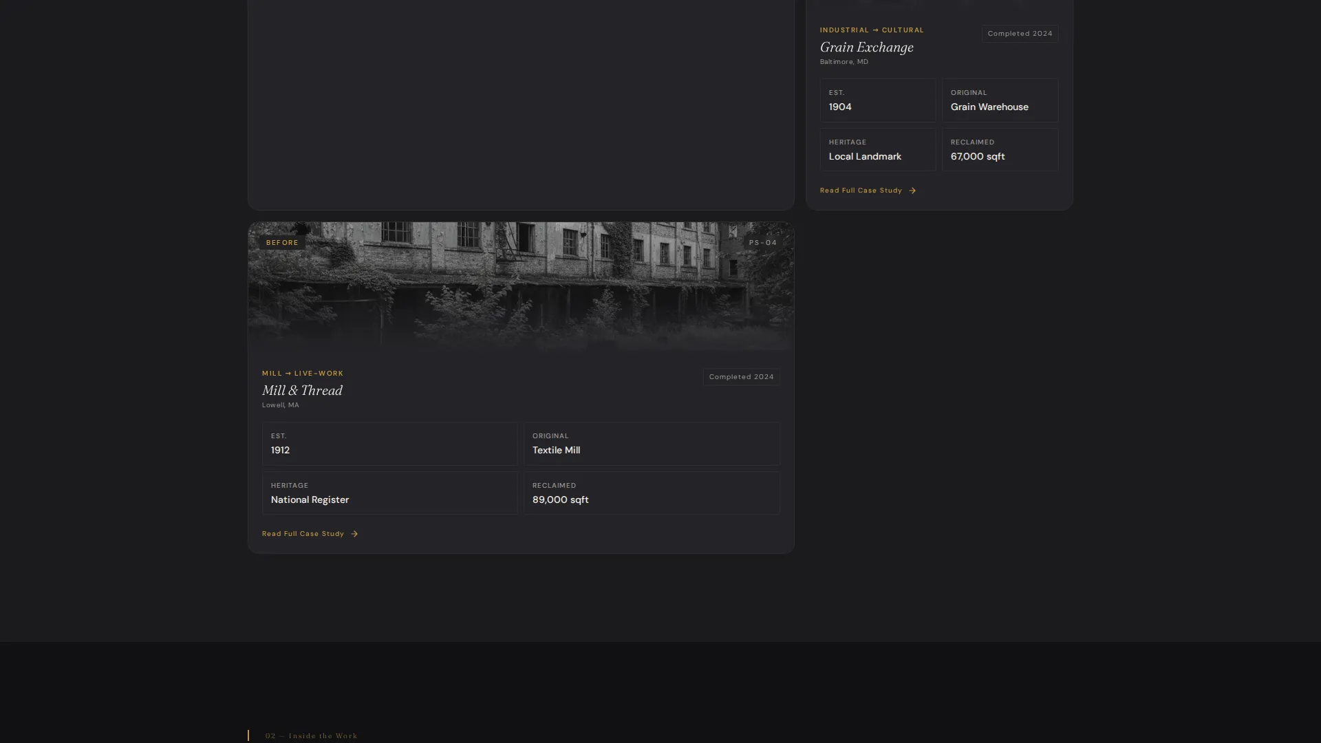 Adaptive Reuse Architecture Bento Grid Landing Page