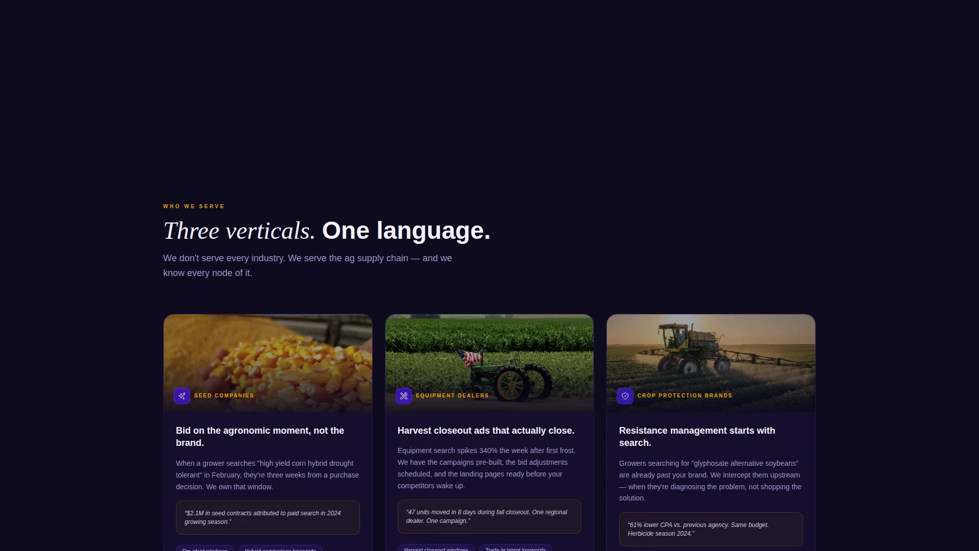 Agriculture PPC Agency Bento Grid Landing Page