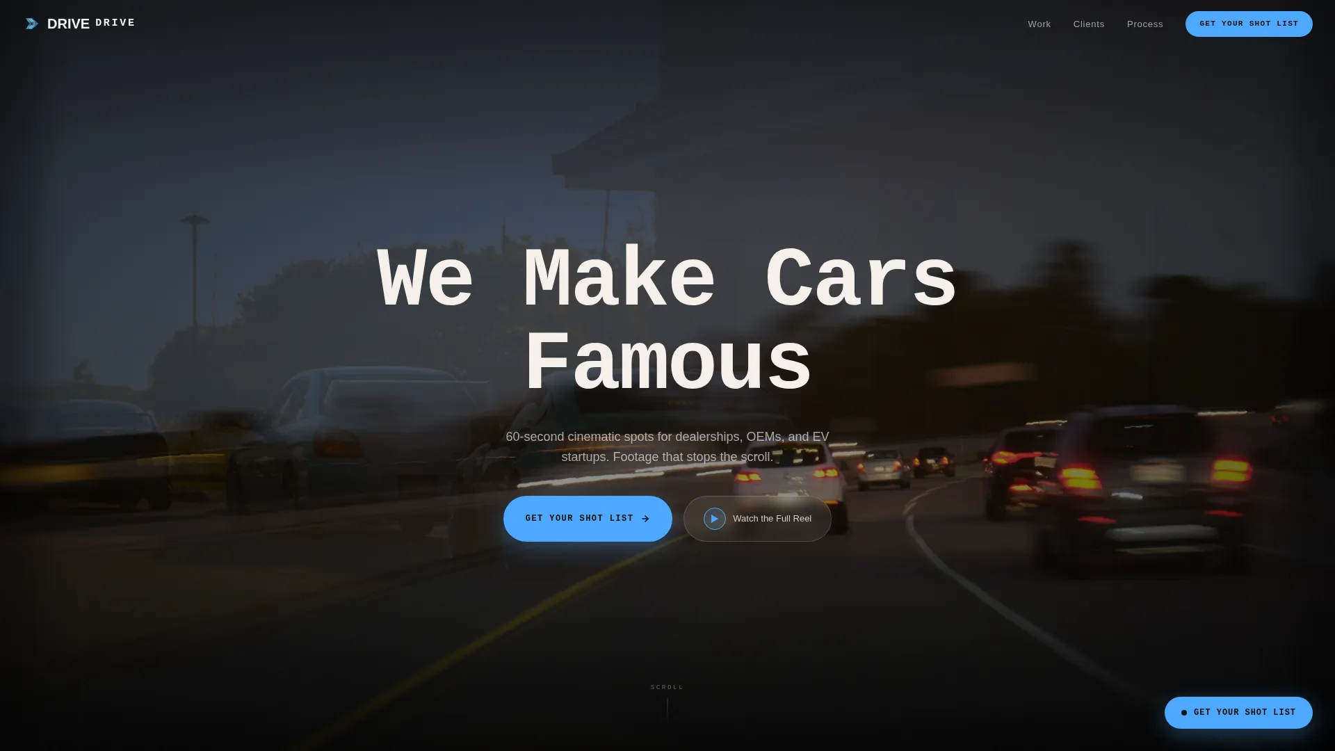 Cinematic Automotive Video Agency Landing Page
