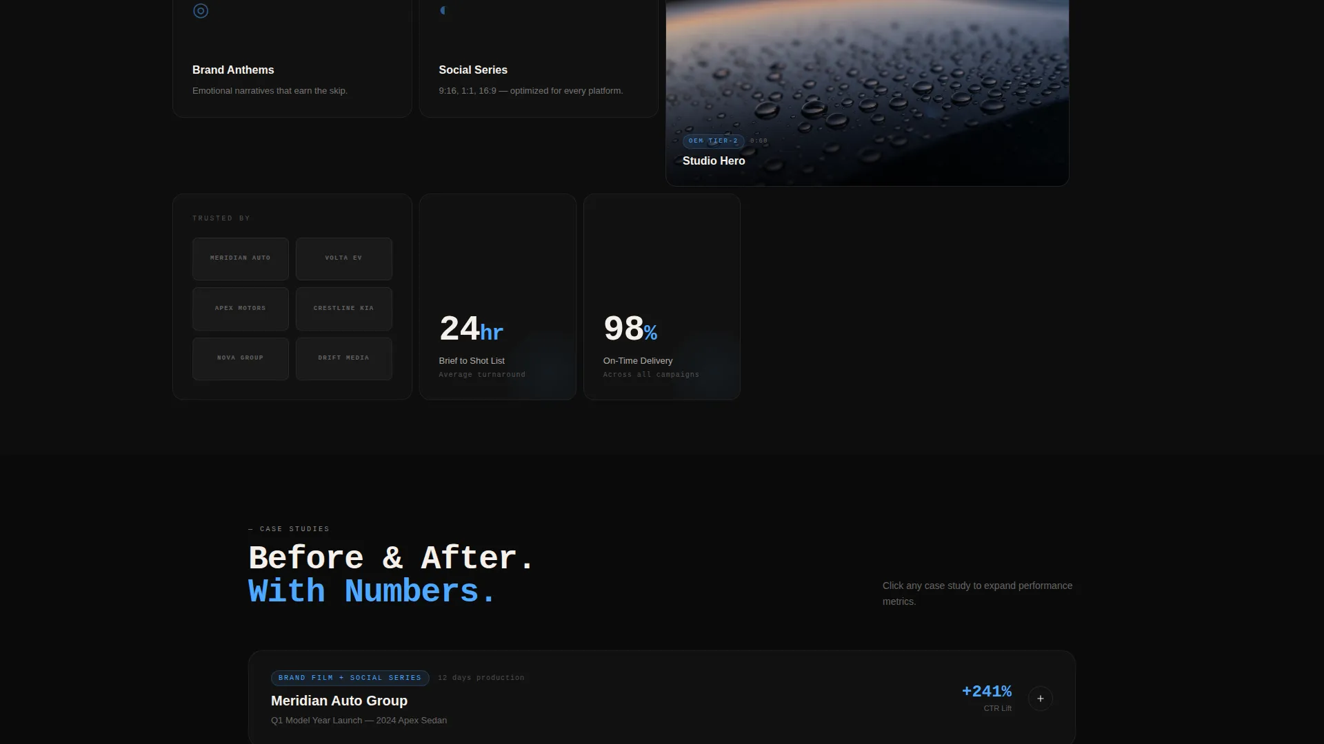 Cinematic Automotive Video Agency Landing Page