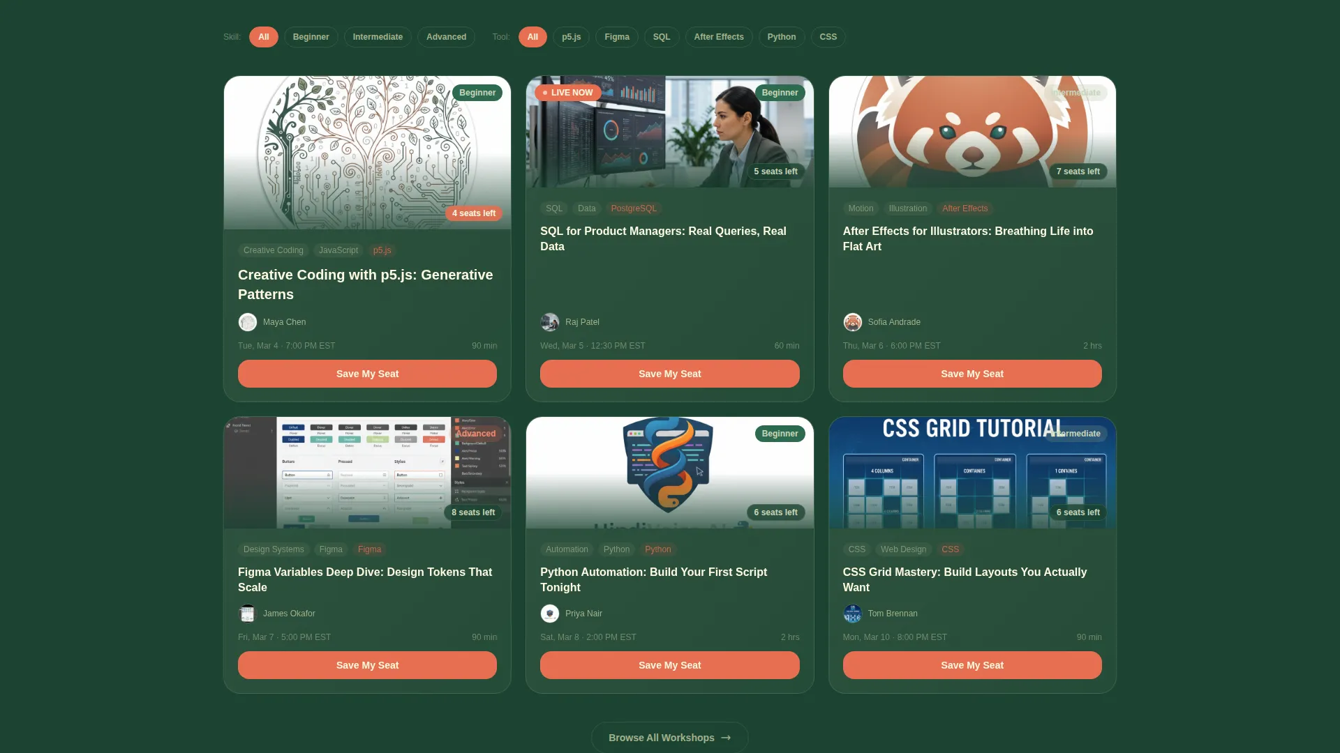 Live Learning Landing Page Template | Card Grid