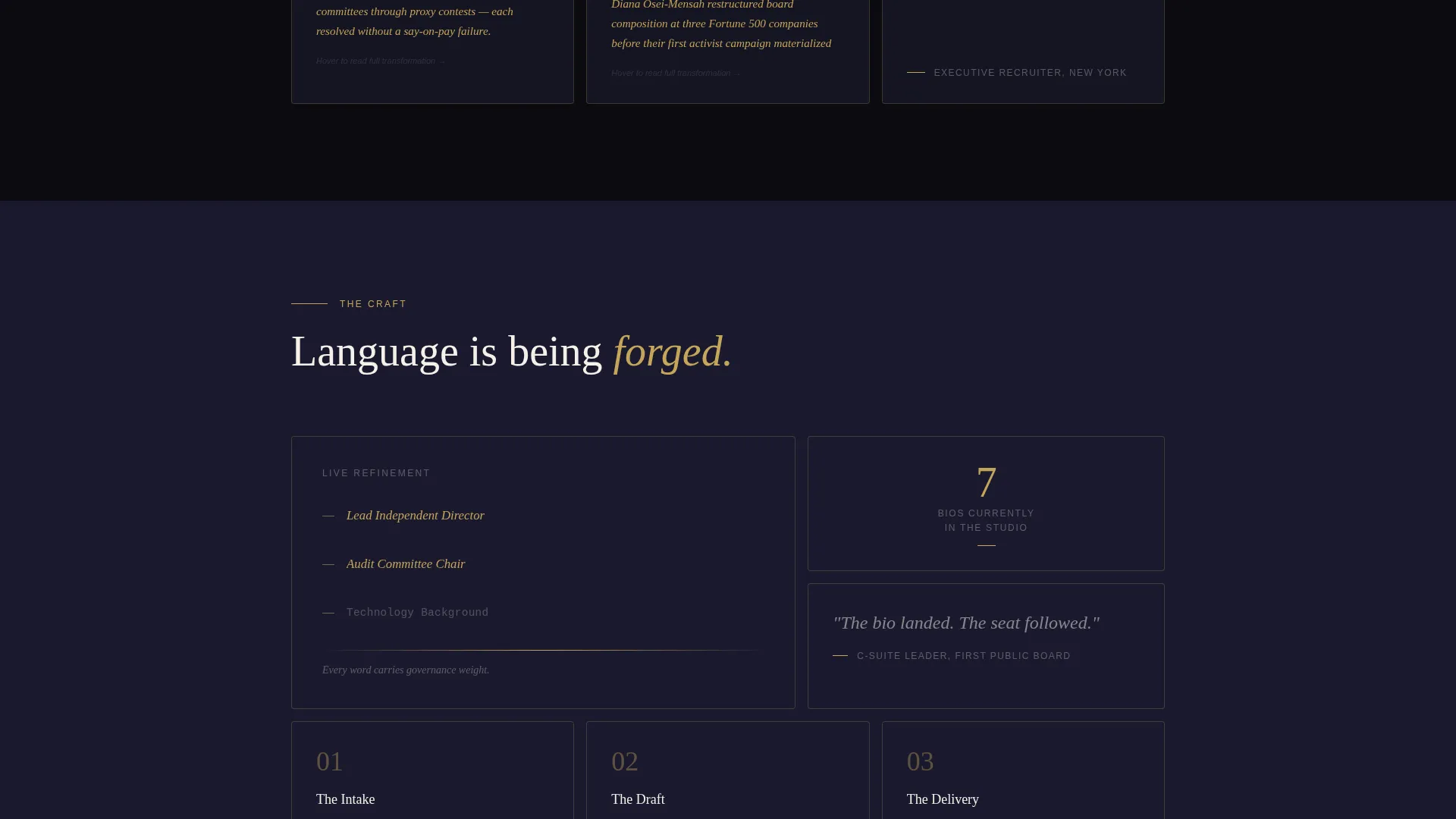 Bento Grid Landing Page for Executive Bio Studio