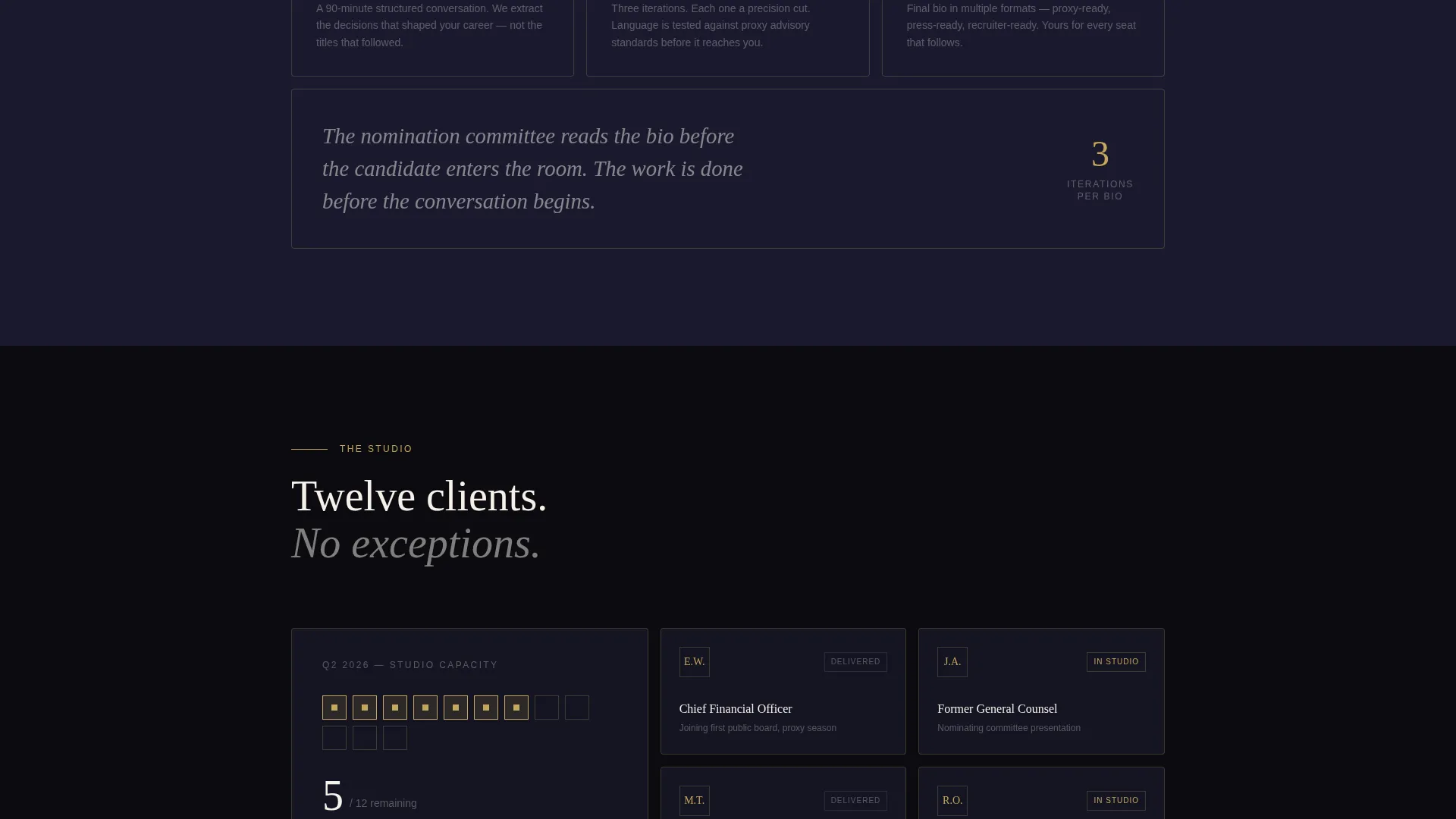 Bento Grid Landing Page for Executive Bio Studio