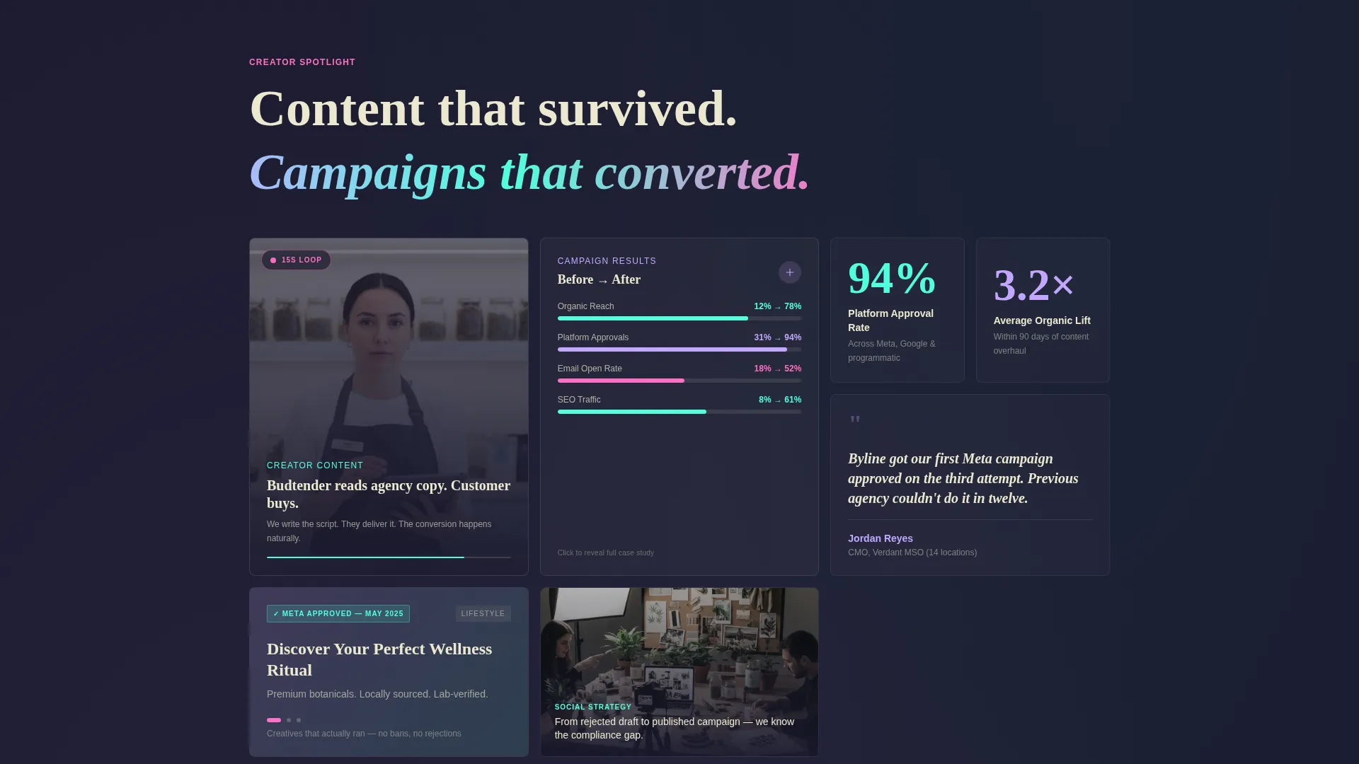 Bento Grid Landing Page for Cannabis Content Agencies