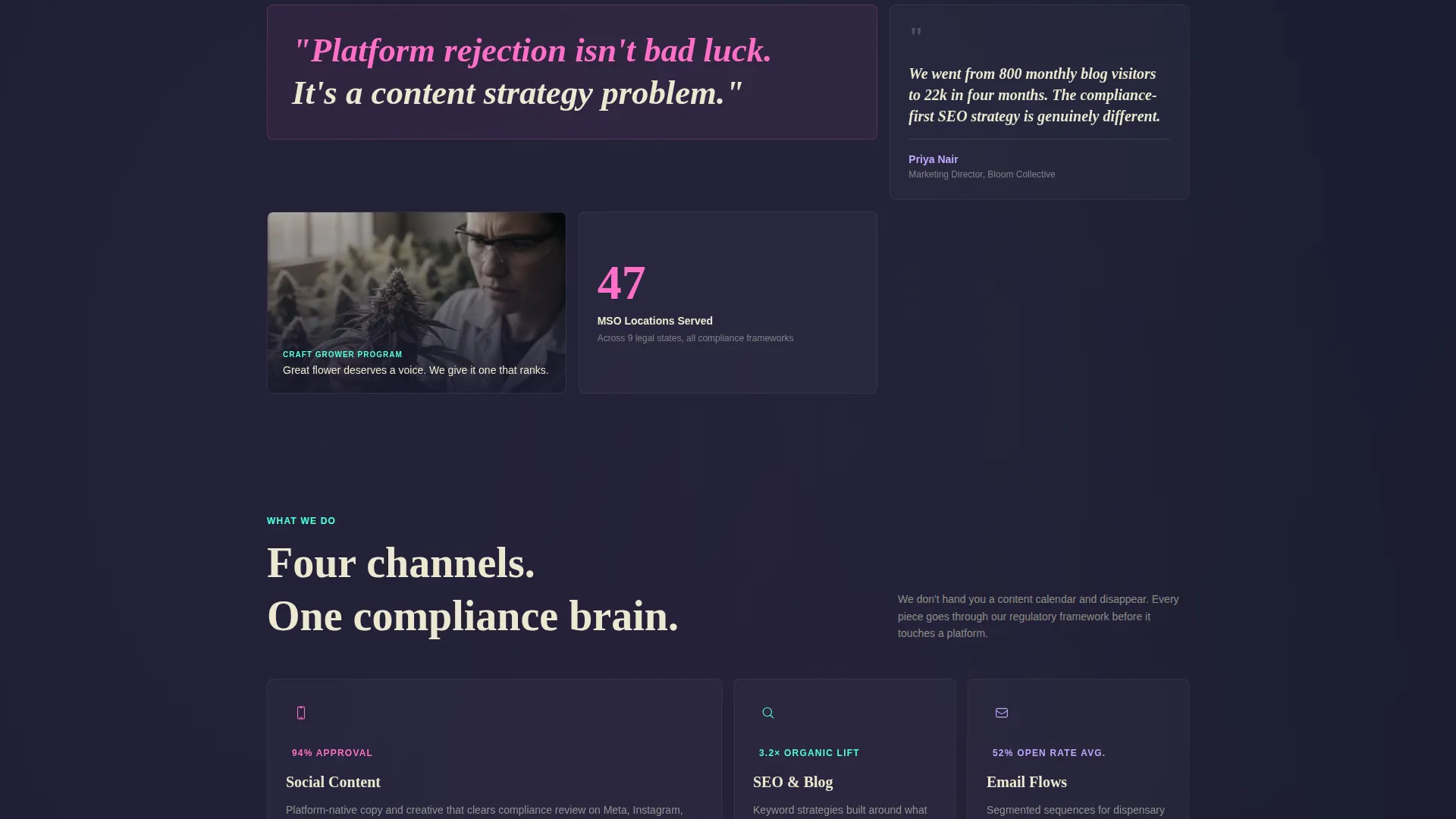 Bento Grid Landing Page for Cannabis Content Agencies