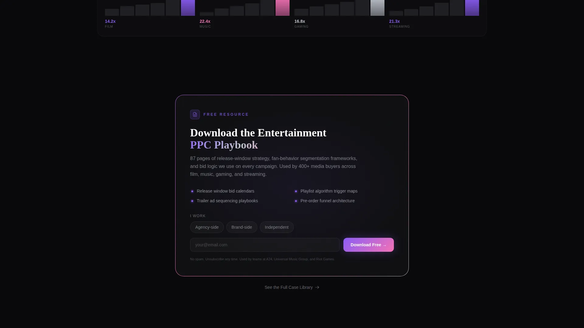 Immersive Entertainment PPC Agency Landing Page